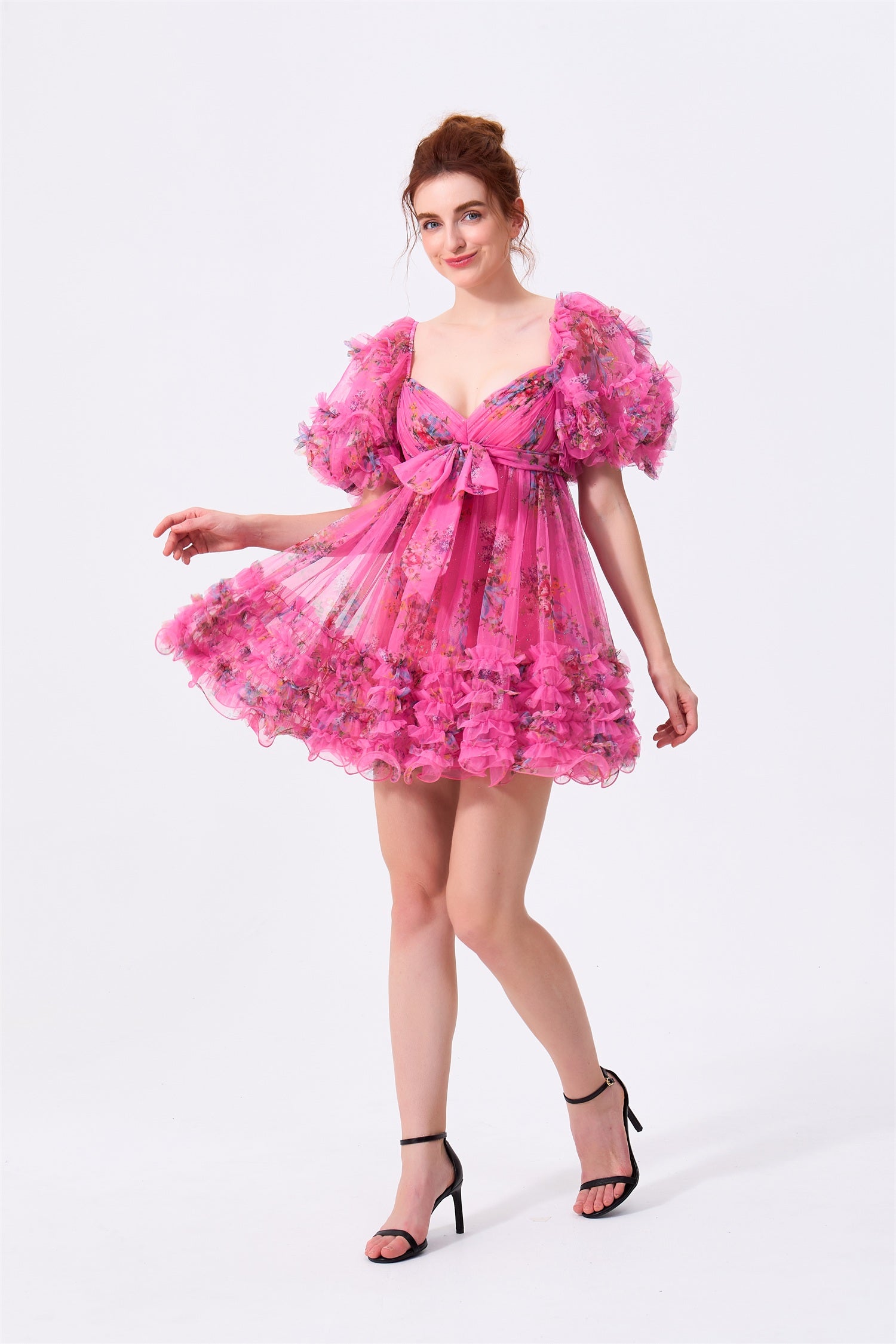 Pink Floral Tulle A-Line Sweetheart Low Back Mini Dress - Almudear