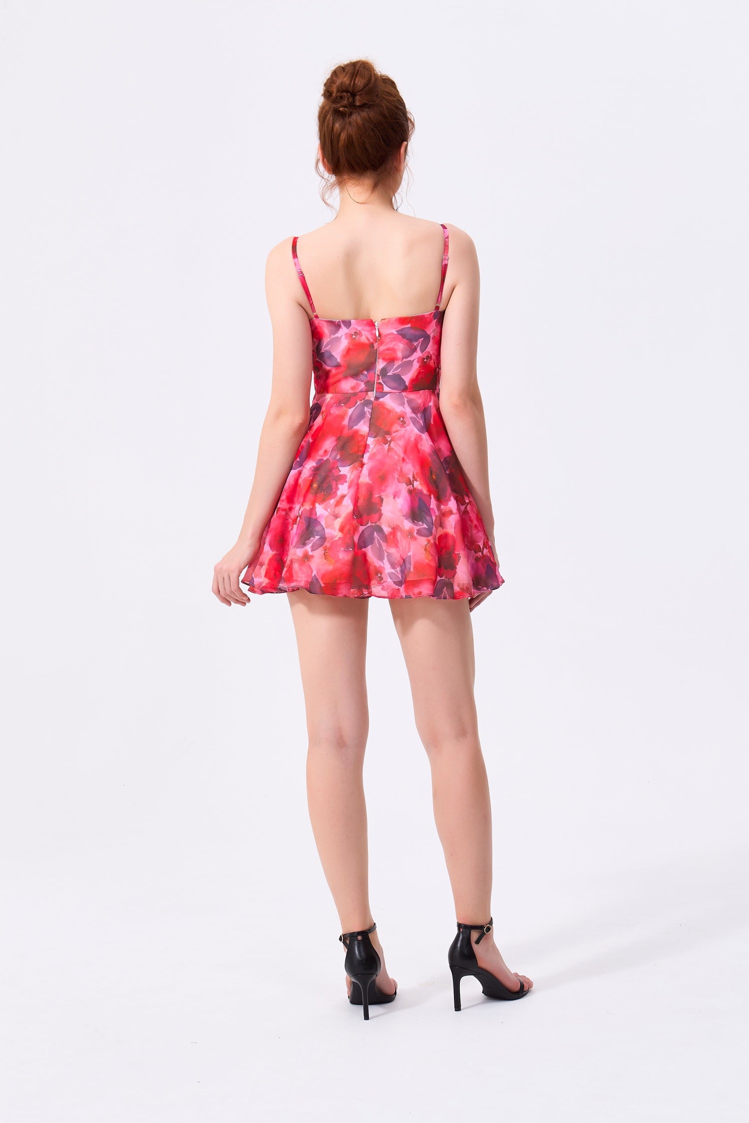 Red Floral Chiffon A-Line Cowl Neck Zipper Back Mini Dress - Almudear