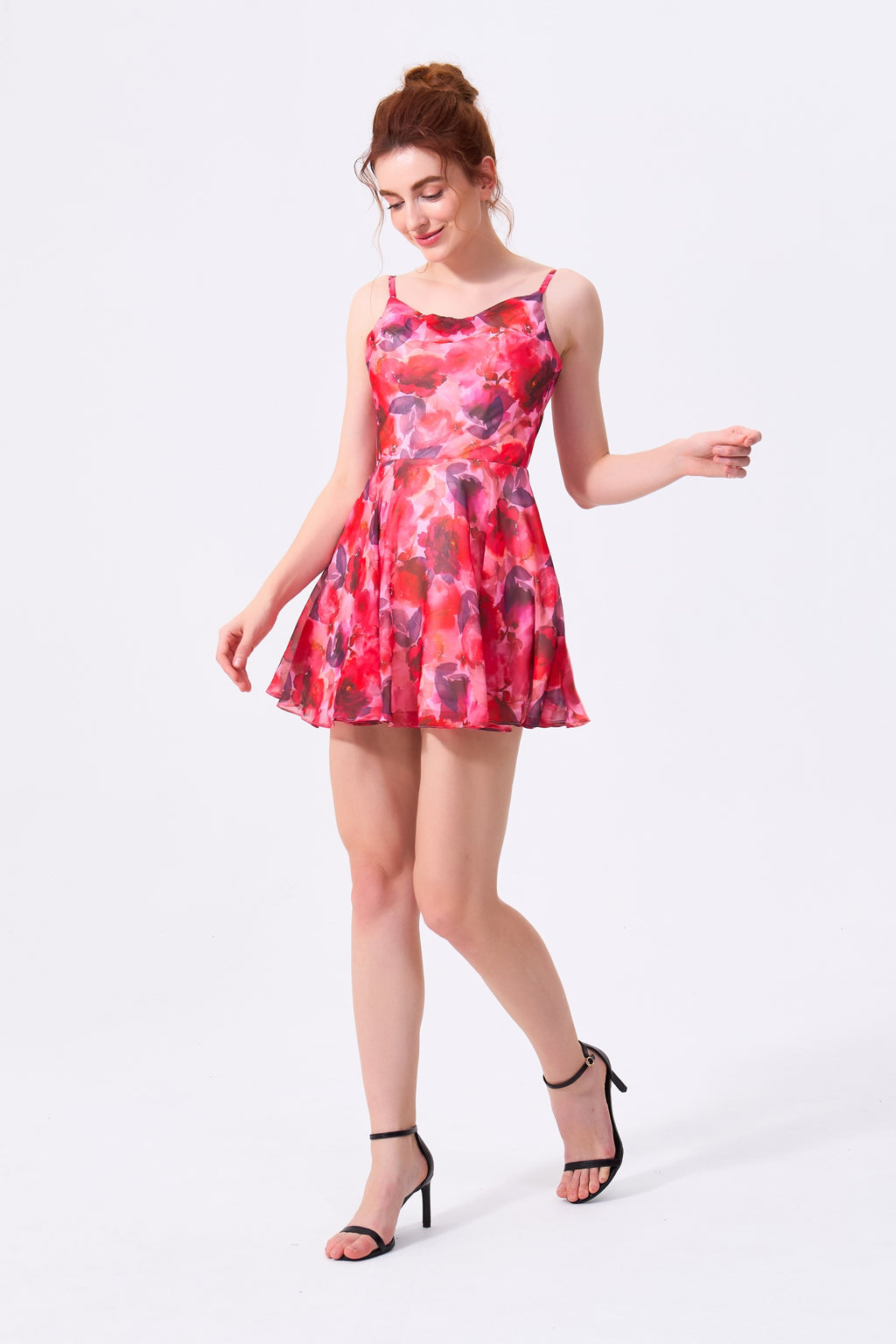 Red Floral Chiffon A-Line Cowl Neck Zipper Back Mini Dress - Almudear