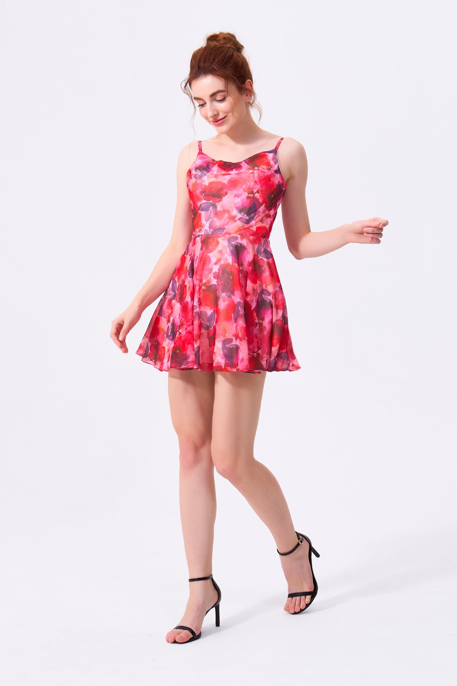 Red Floral Chiffon A-Line Cowl Neck Zipper Back Mini Dress - Almudear