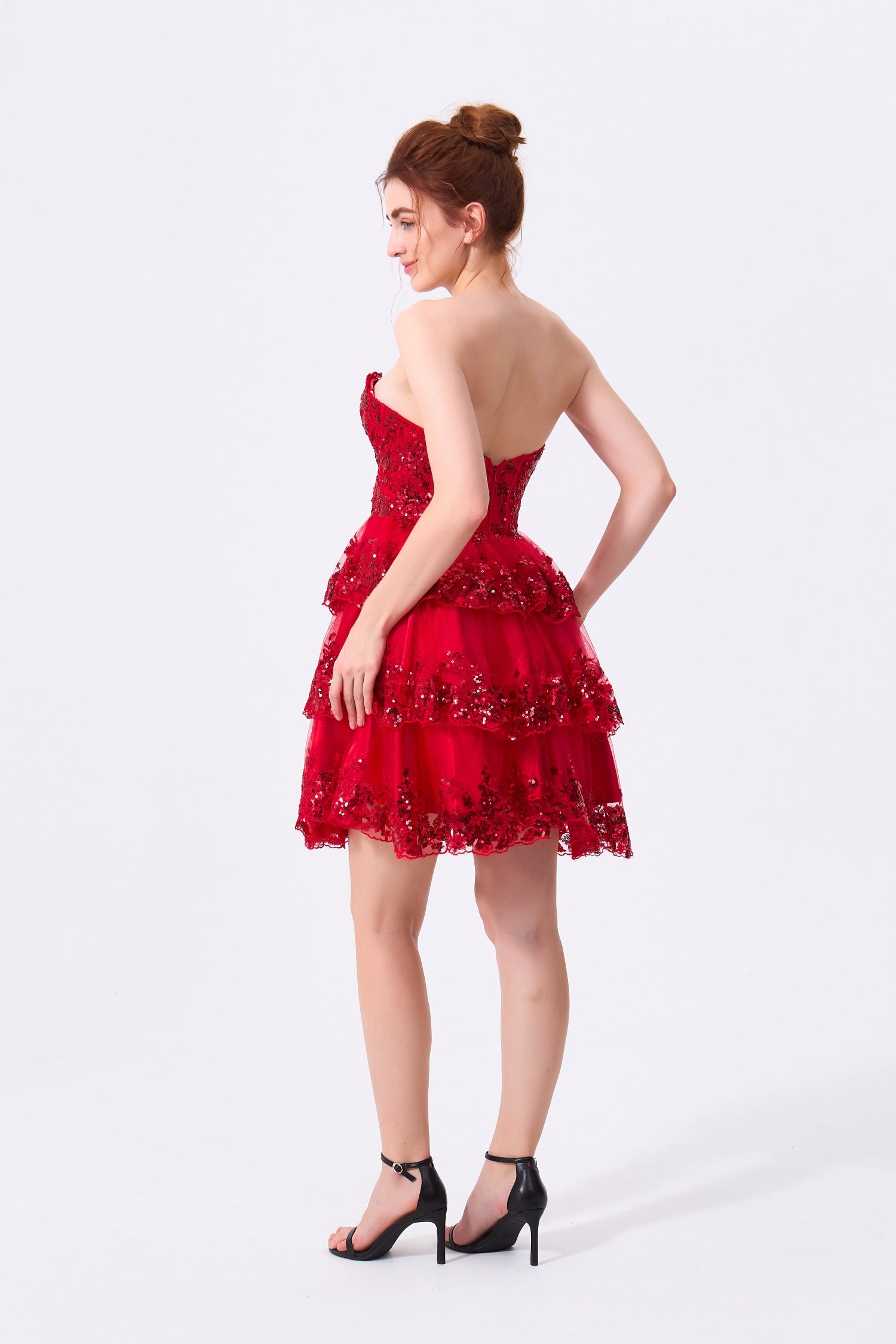 Red Tulle & Sequins A-Line Sweetheart Zipper Back Mini Dress Back View - Almudear
