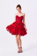 Red Tulle & Sequins A-Line Sweetheart Zipper Back Mini Dress Front View - Almudear