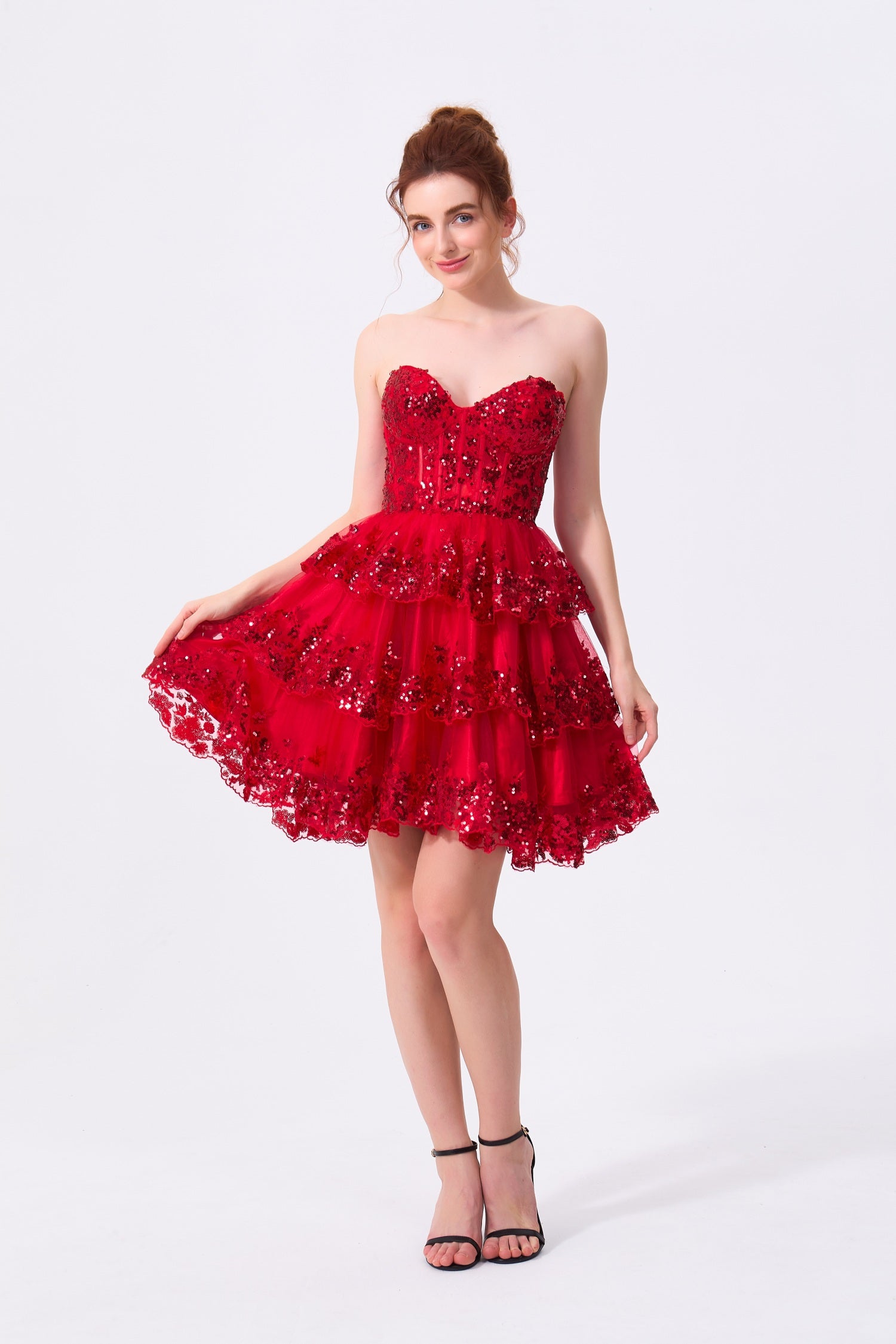 Red Tulle & Sequins A-Line Sweetheart Zipper Back Mini Dress Front View - Almudear