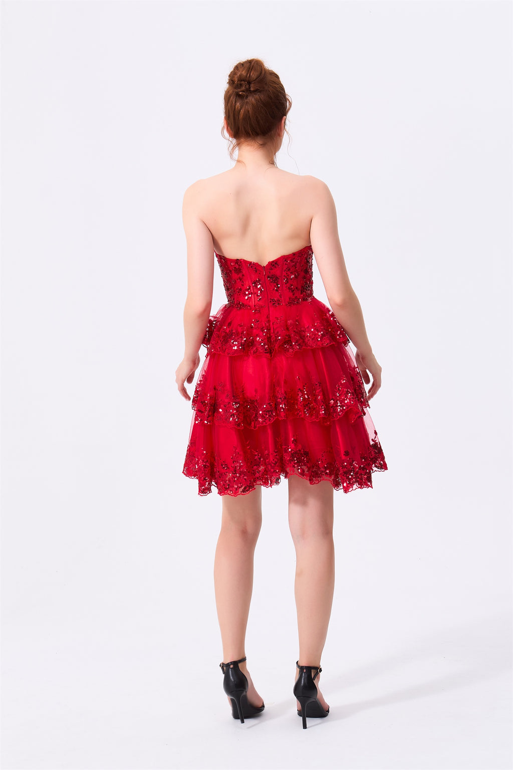 Red Tulle & Sequins A-Line Sweetheart Zipper Back Mini Dress - Almudear