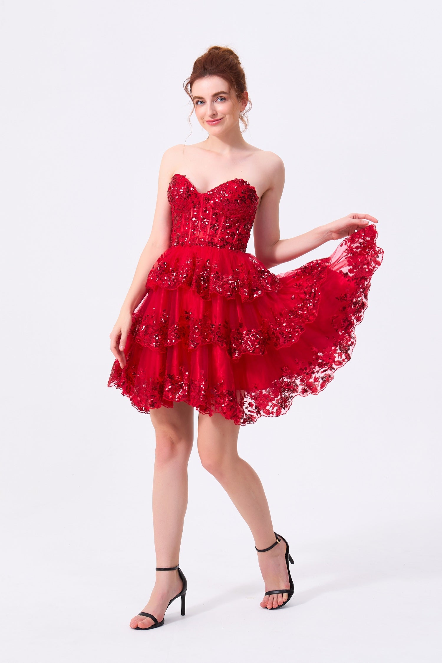 Red Tulle & Sequins A-Line Sweetheart Zipper Back Mini Dress - Almudear