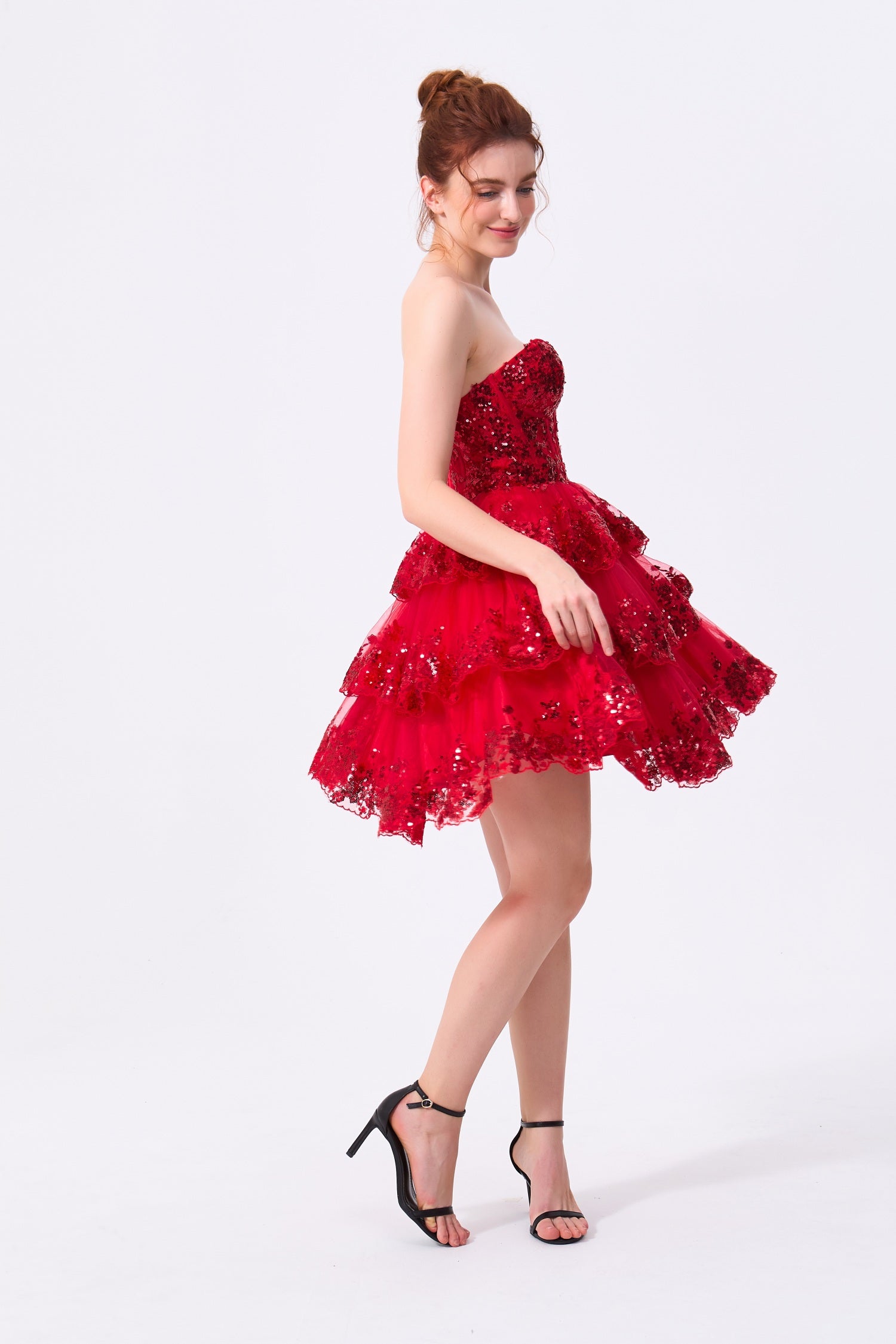 Red Tulle & Sequins A-Line Sweetheart Zipper Back Mini Dress - Almudear