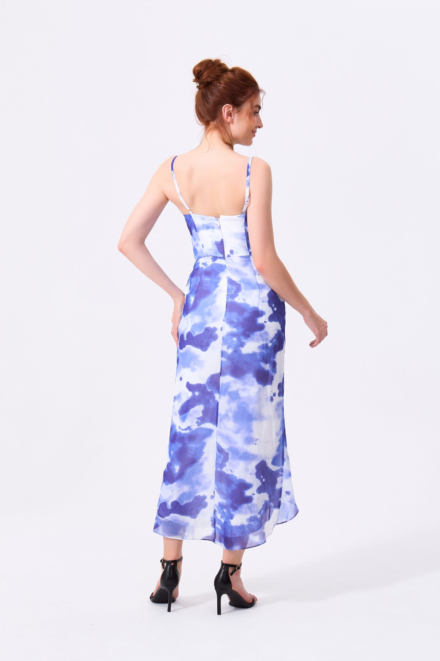 Royal Blue Chiffon Tulip V-Neck Zipper Back High-Low Dress Back View - Almudear