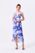 Royal Blue Chiffon Tulip V-Neck Zipper Back High-Low Dress Front View - Almudear