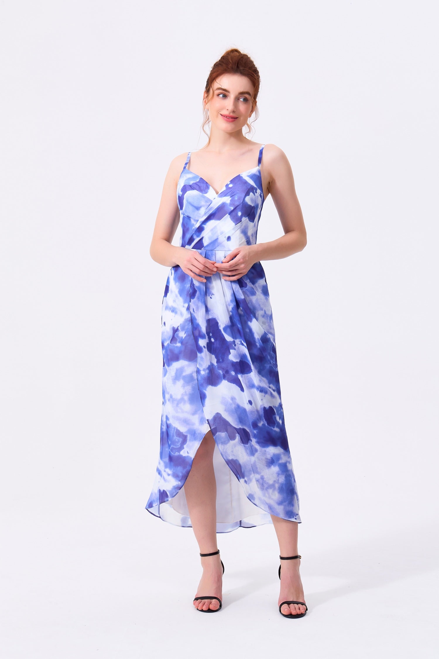 Royal Blue Chiffon Tulip V-Neck Zipper Back High-Low Dress Front View - Almudear