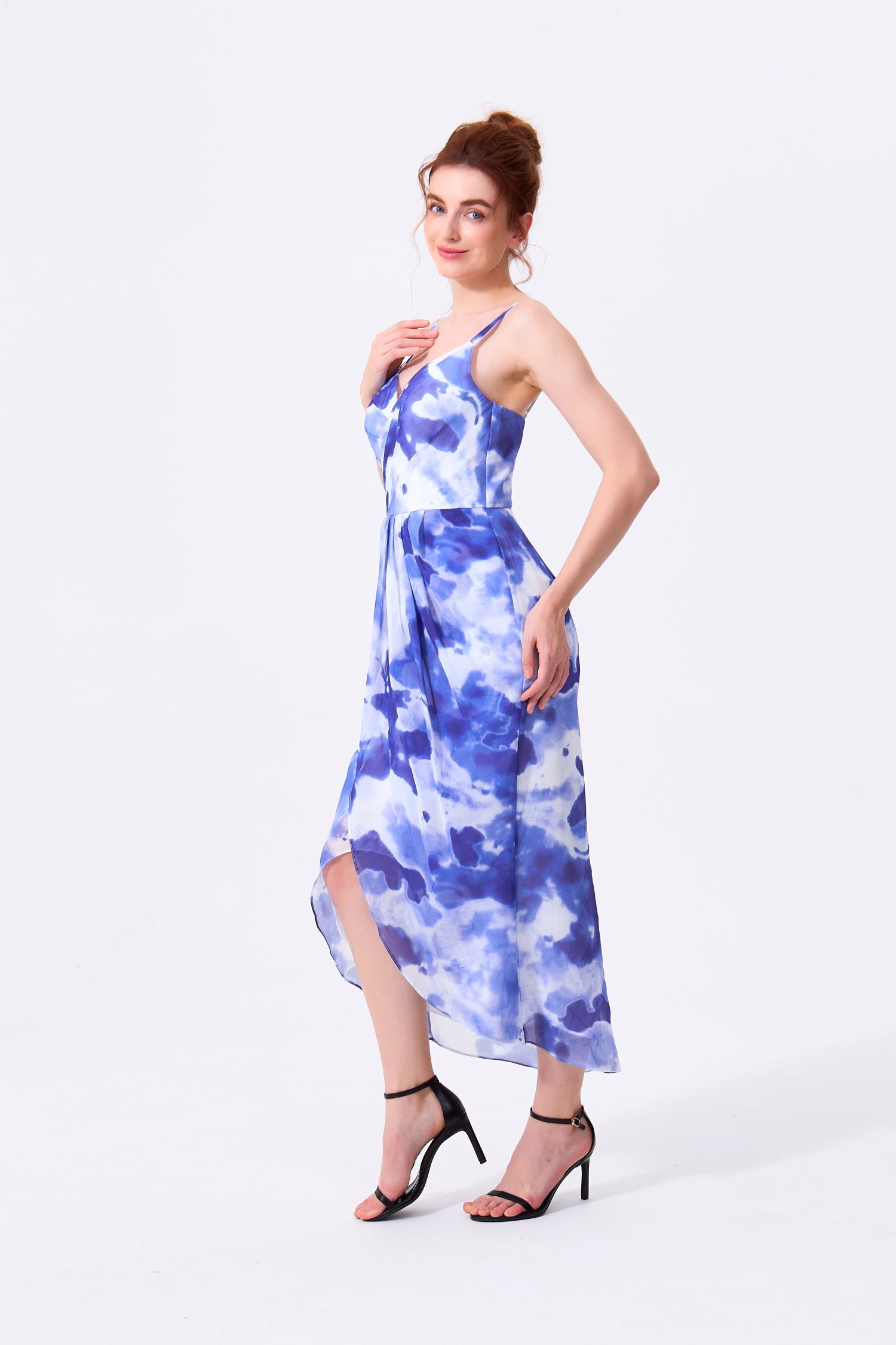 Royal Blue Chiffon Tulip V-Neck Zipper Back High-Low Dress - Almudear