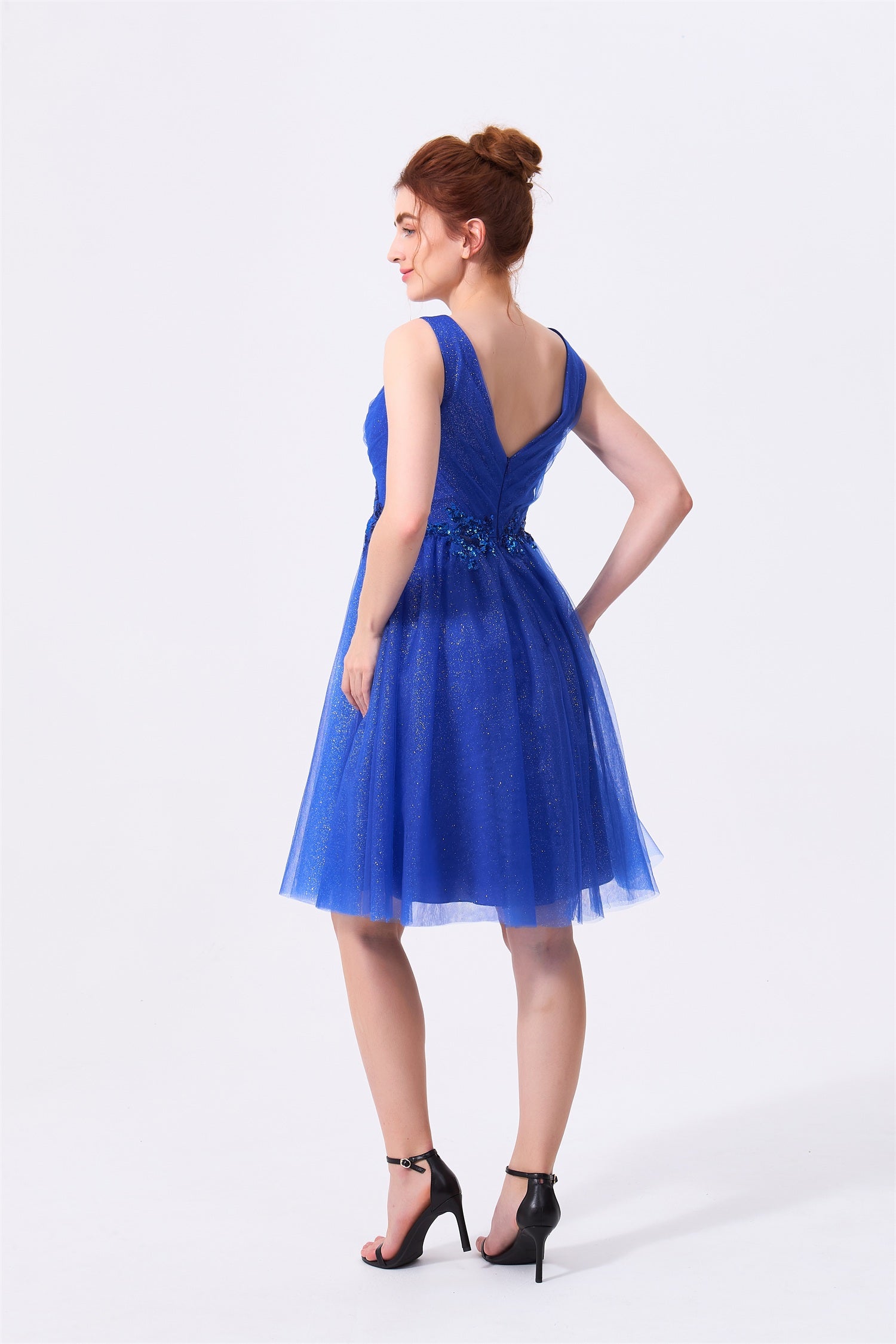 Royal Blue Glitter Tulle A-Line V-Neck V-Back with Zipper Above Knee Dress Back View - Almudear
