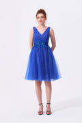 Royal Blue Glitter Tulle A-Line V-Neck V-Back with Zipper Above Knee Dress Front View - Almudear