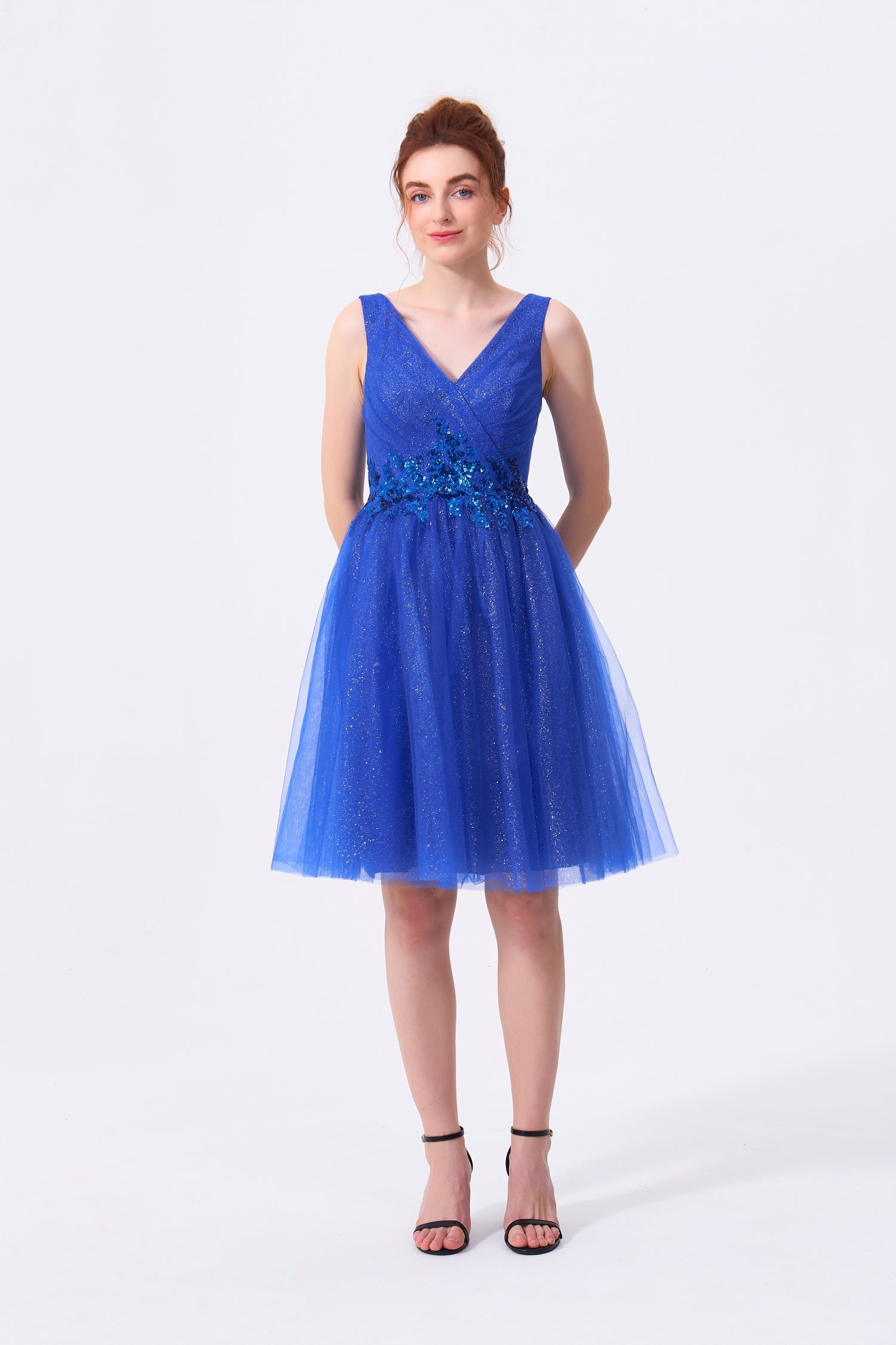 Royal Blue Glitter Tulle A-Line V-Neck V-Back with Zipper Above Knee Dress Front View - Almudear