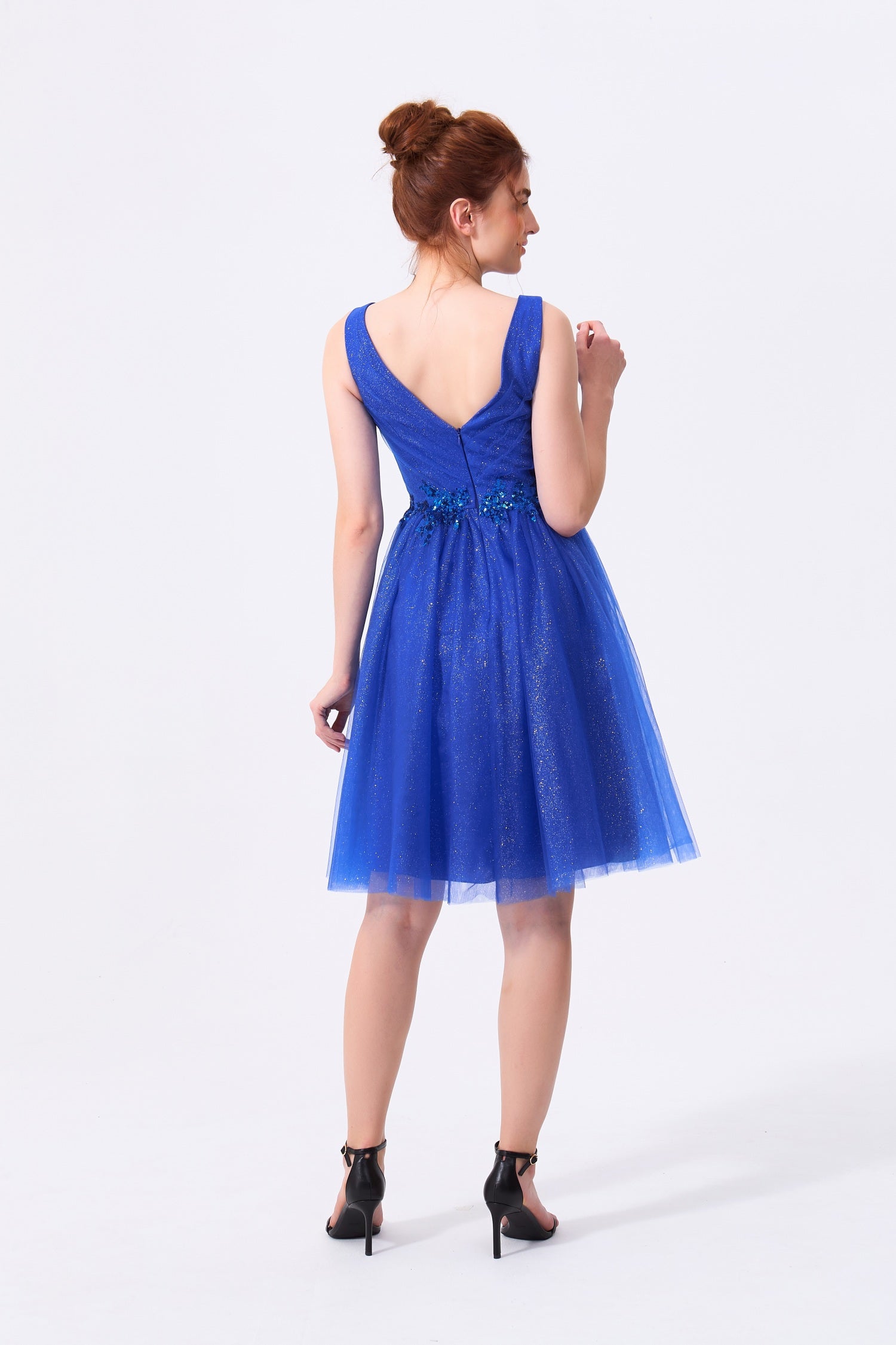 Royal Blue Glitter Tulle A-Line V-Neck V-Back with Zipper Above Knee Dress - Almudear
