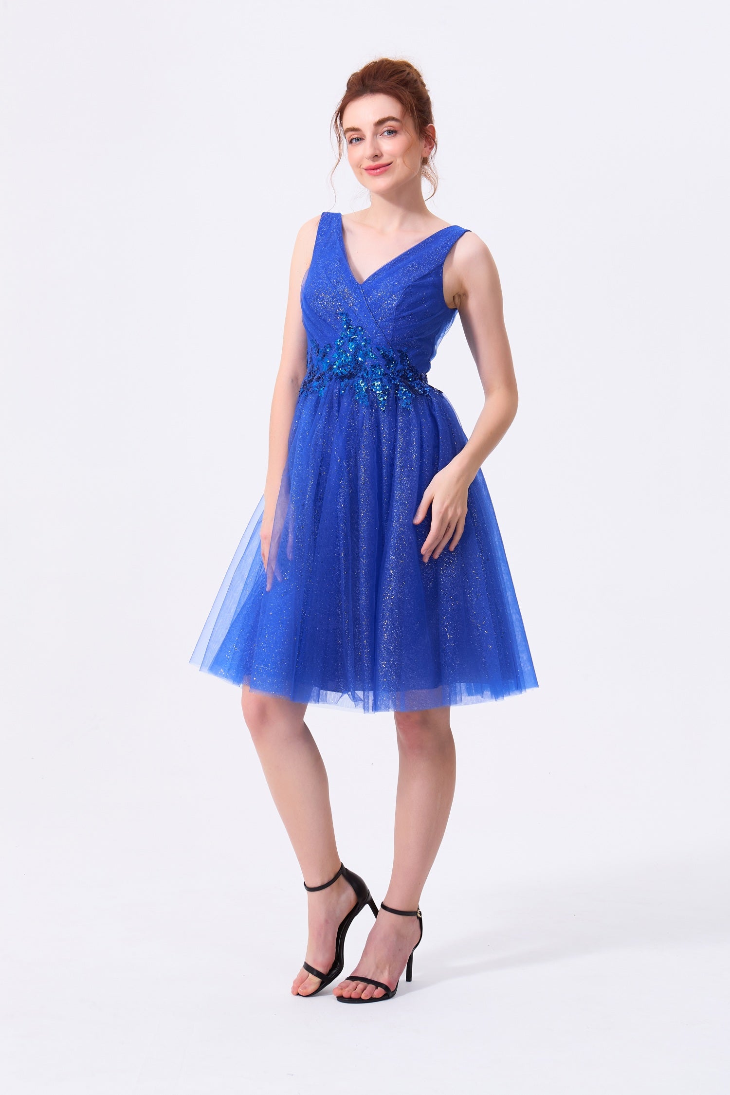 Royal Blue Glitter Tulle A-Line V-Neck V-Back with Zipper Above Knee Dress - Almudear