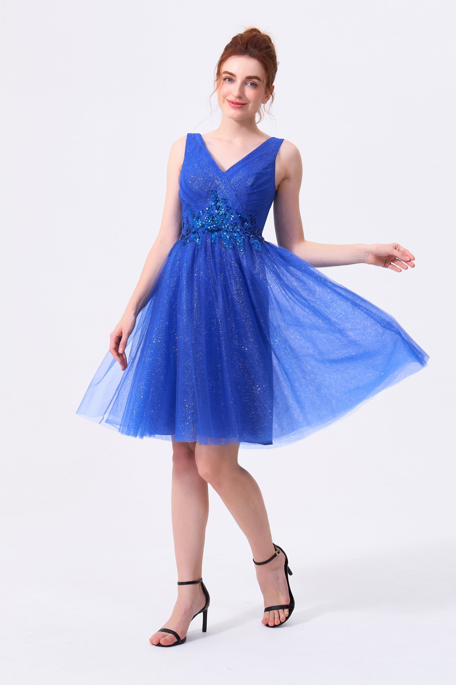 Royal Blue Glitter Tulle A-Line V-Neck V-Back with Zipper Above Knee Dress - Almudear