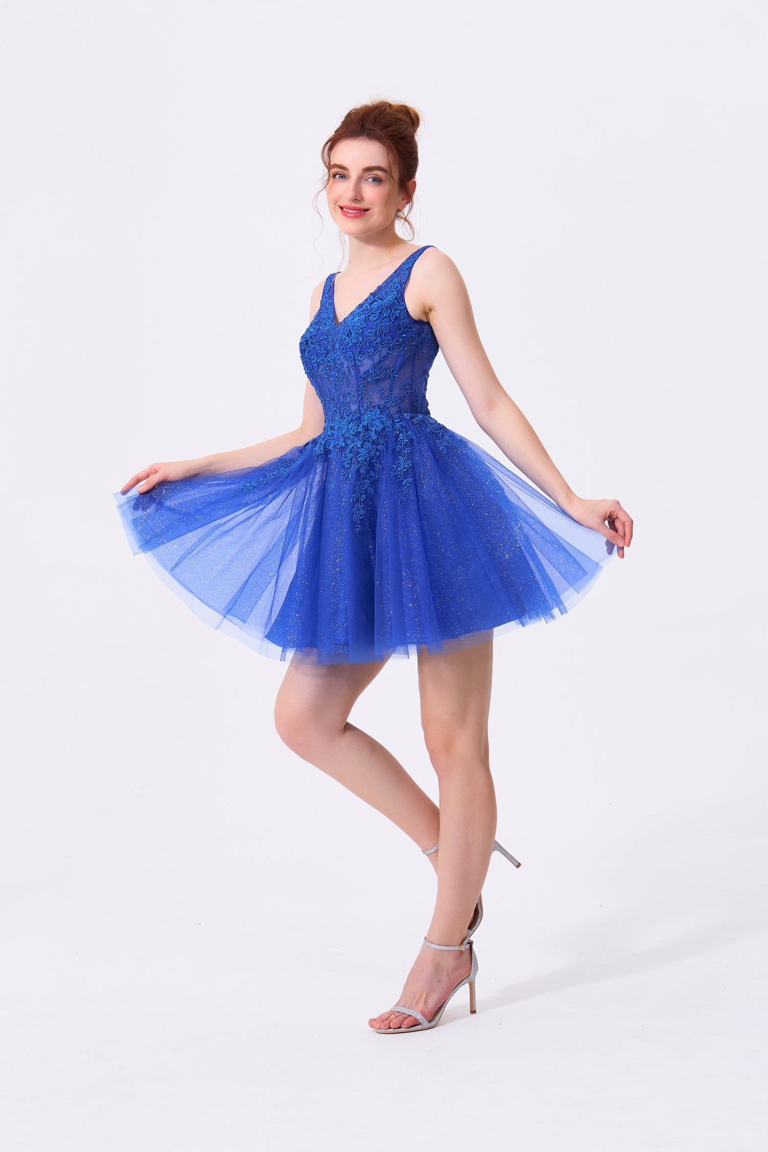 Royal Blue Glitter Tulle and Lace A-Line V-Neck Above Knee Dress Front View - Almudear