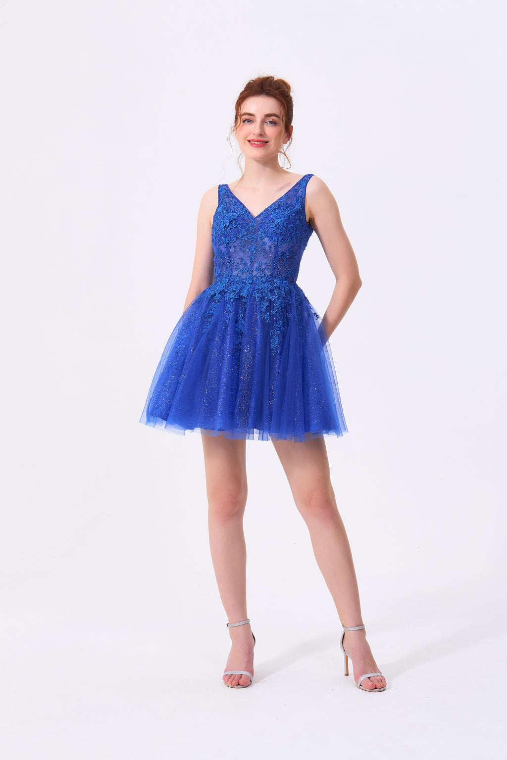 Royal Blue Glitter Tulle and Lace A-Line V-Neck Above Knee Dress - Almudear