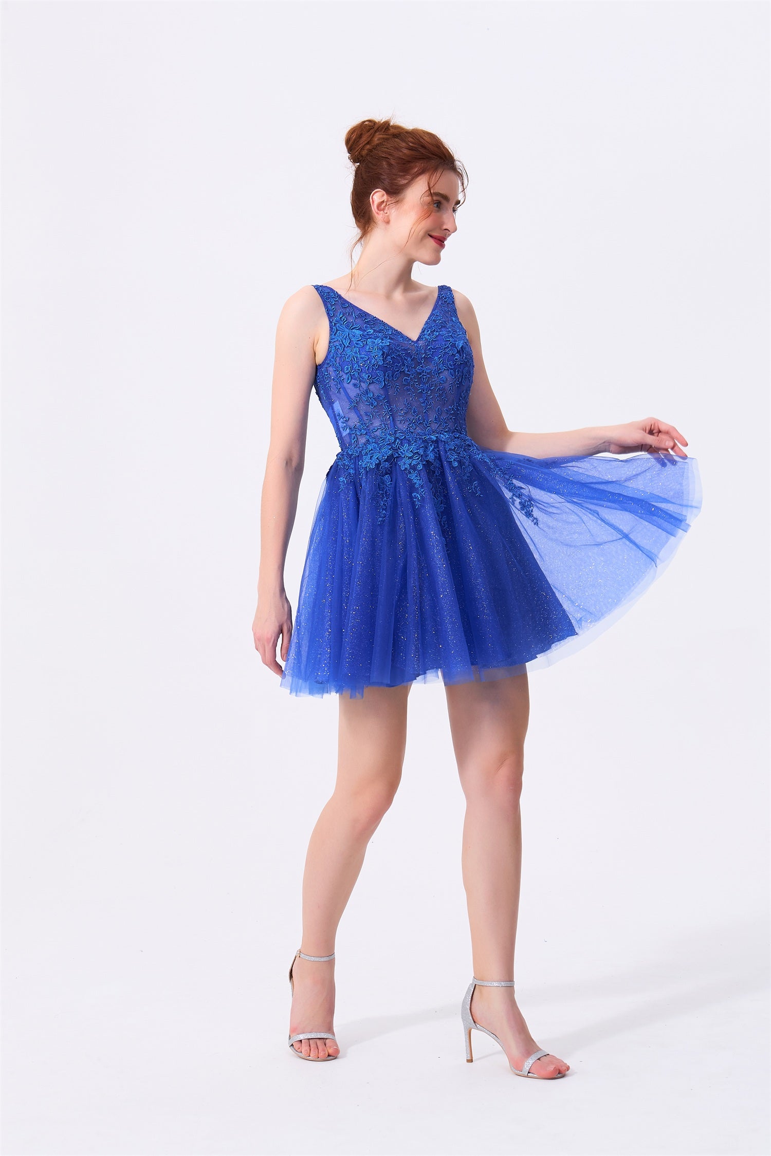 Royal Blue Glitter Tulle and Lace A-Line V-Neck Above Knee Dress - Almudear