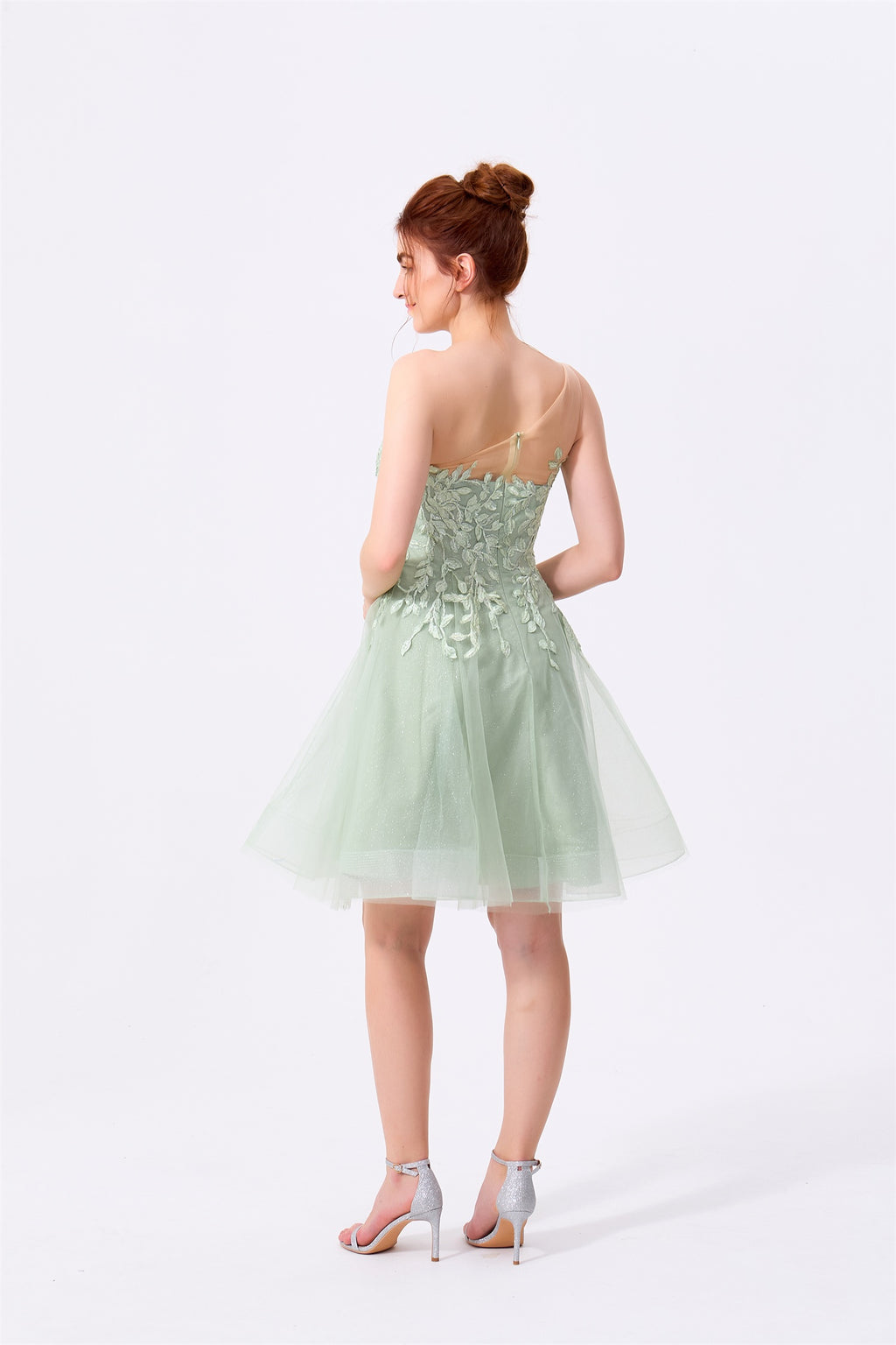 Sage Green Glitter Tulle and Lace A-Line Illusion One-Shoulder Above Knee Dress Back View - Almudear