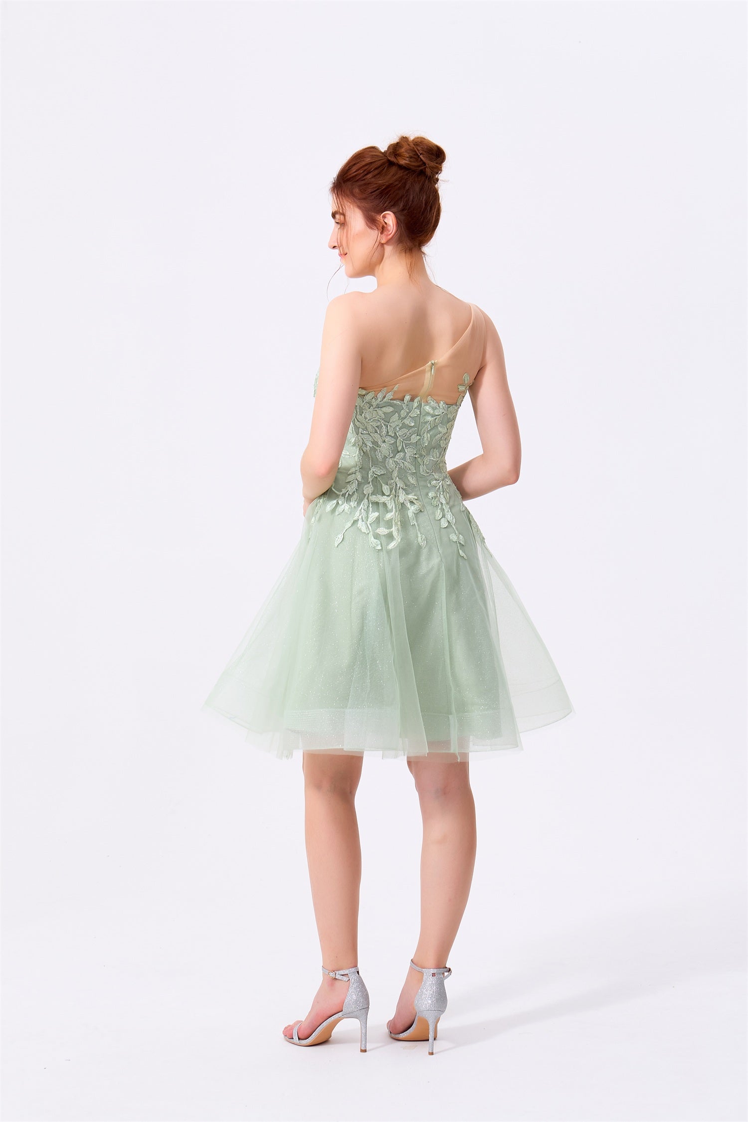 Sage Green Glitter Tulle and Lace A-Line Illusion One-Shoulder Above Knee Dress Back View - Almudear