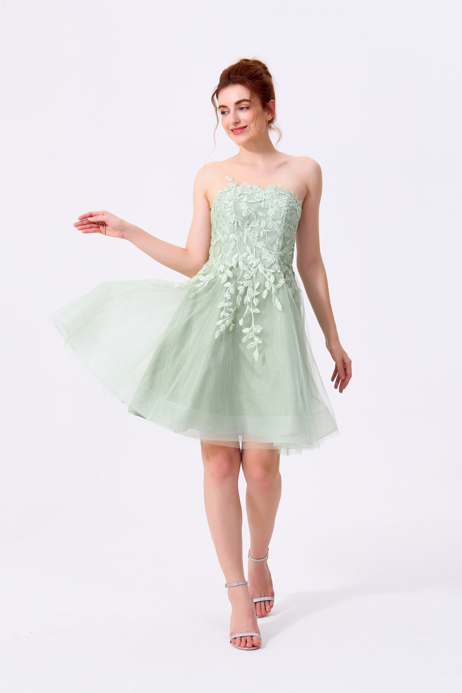 Sage Green Glitter Tulle and Lace A-Line Illusion One-Shoulder Above Knee Dress Front View - Almudear