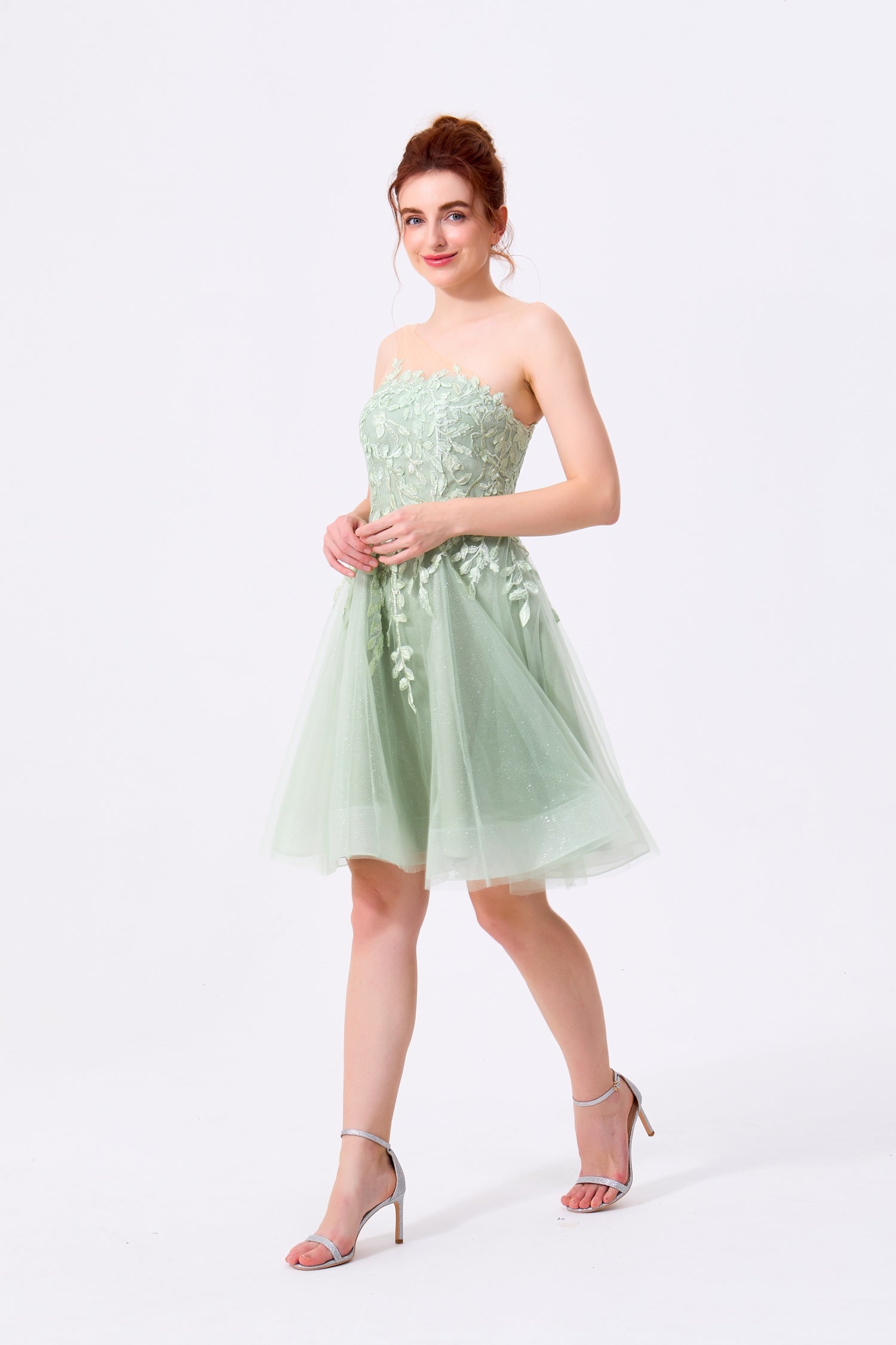 Sage Green Glitter Tulle and Lace A-Line Illusion One-Shoulder Above Knee Dress - Almudear