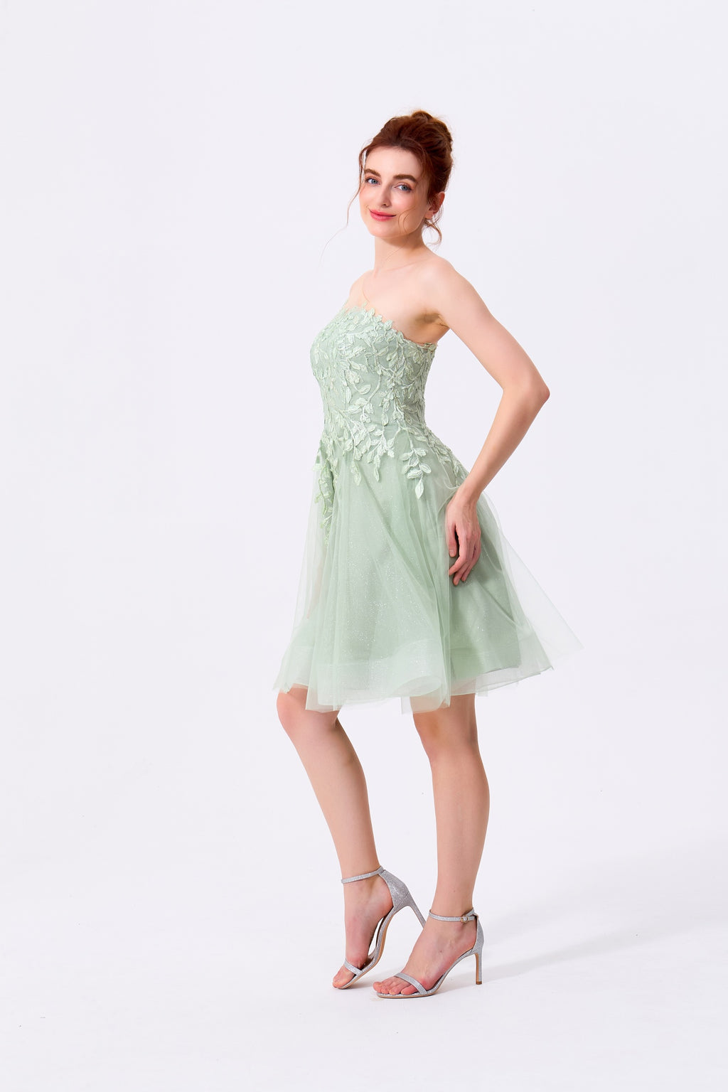 Sage Green Glitter Tulle and Lace A-Line Illusion One-Shoulder Above Knee Dress - Almudear