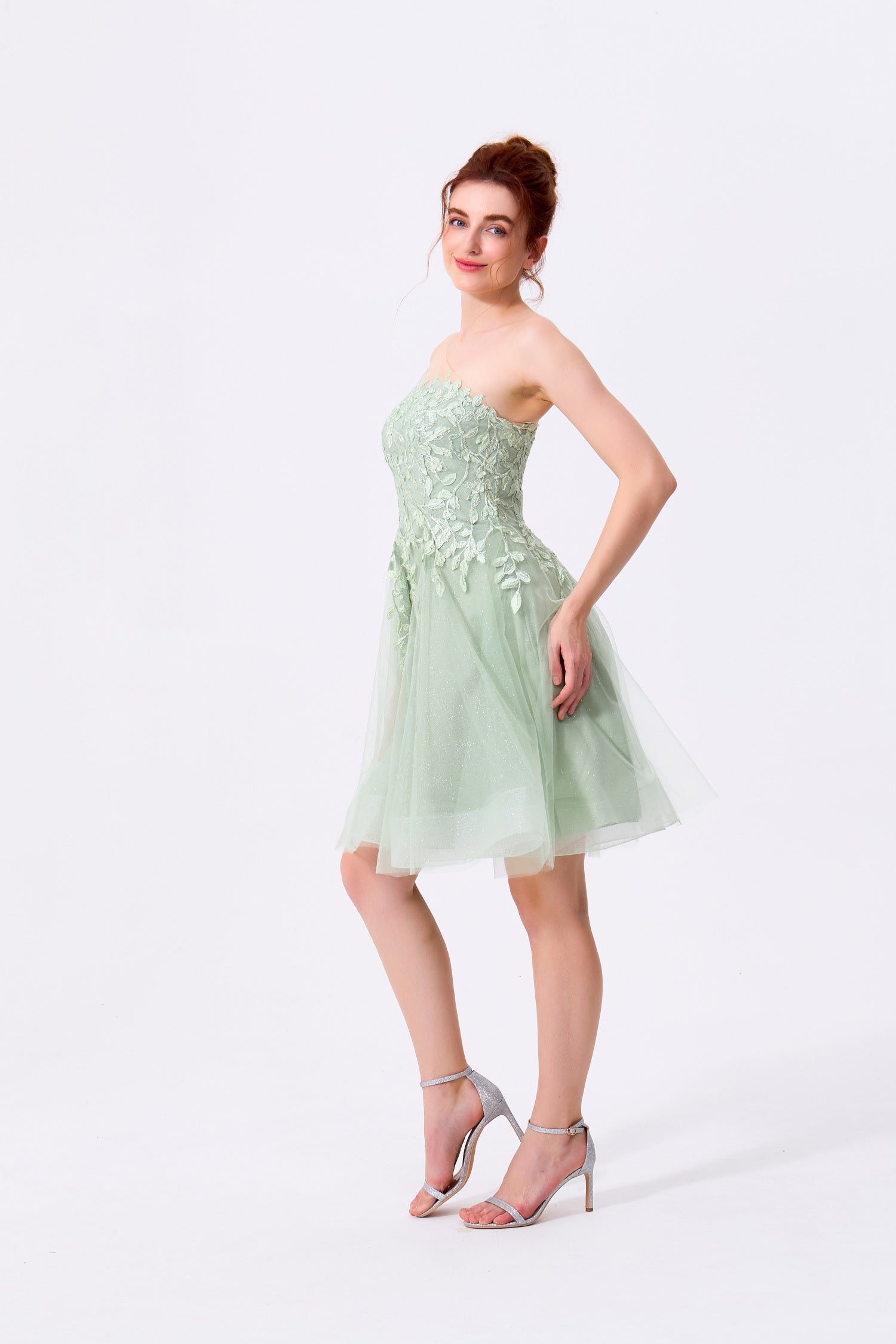 Sage Green Glitter Tulle and Lace A-Line Illusion One-Shoulder Above Knee Dress - Almudear