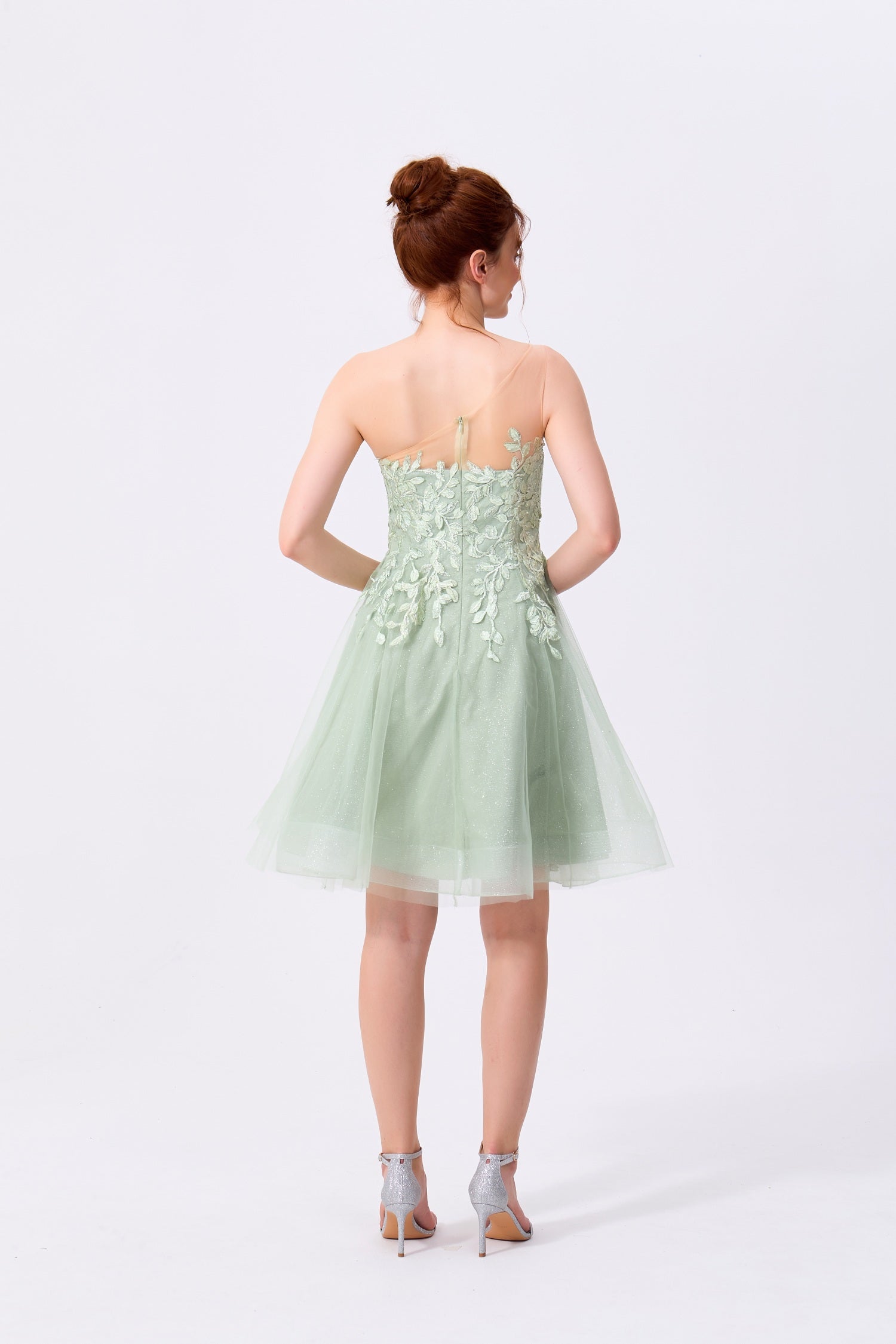 Sage Green Glitter Tulle and Lace A-Line Illusion One-Shoulder Above Knee Dress - Almudear