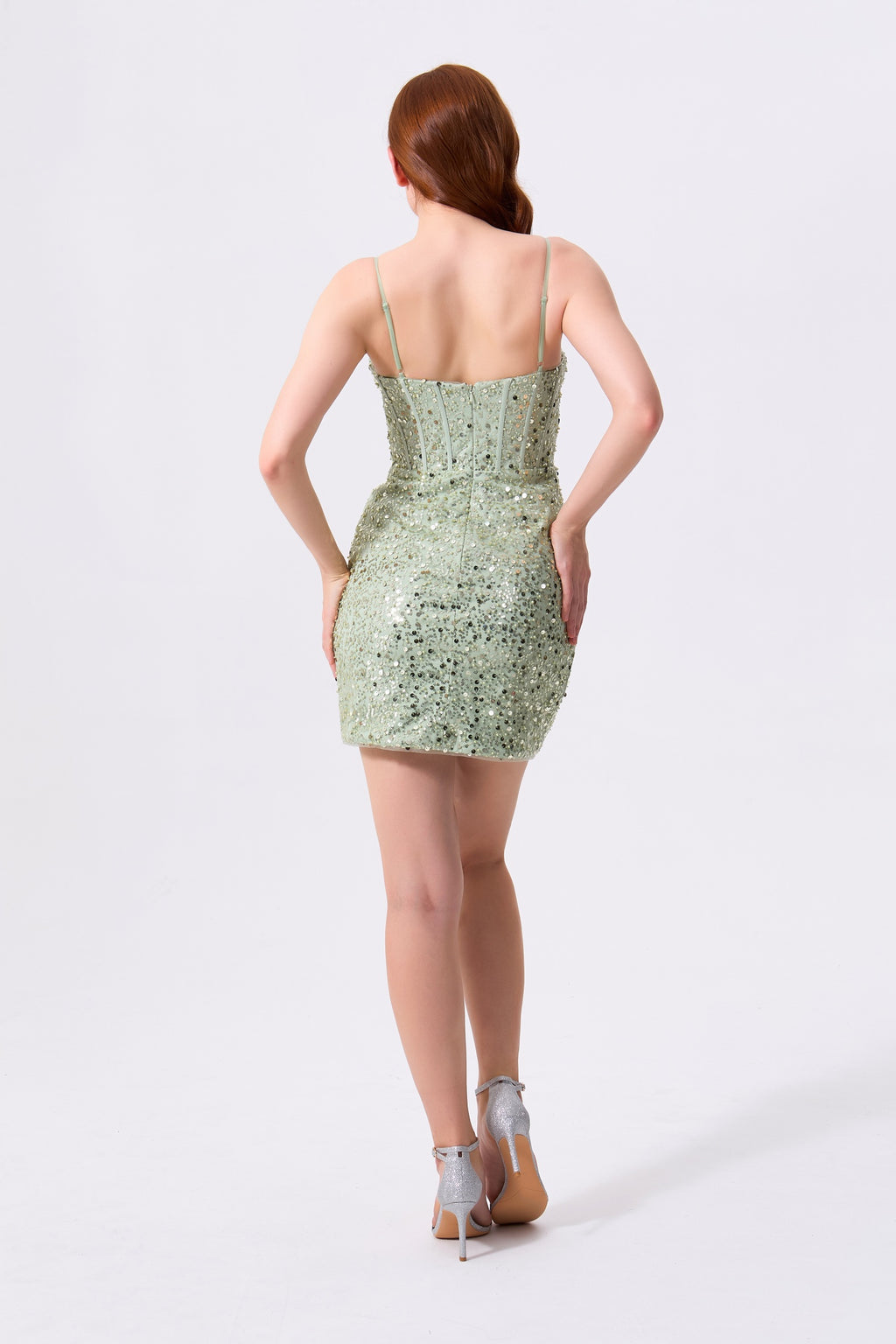 Sage Green Sequined Mesh Bodycon Sweetheart Zipper Back Mini Dress Back View - Almudear