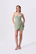 Sage Green Sequined Mesh Bodycon Sweetheart Zipper Back Mini Dress - Almudear