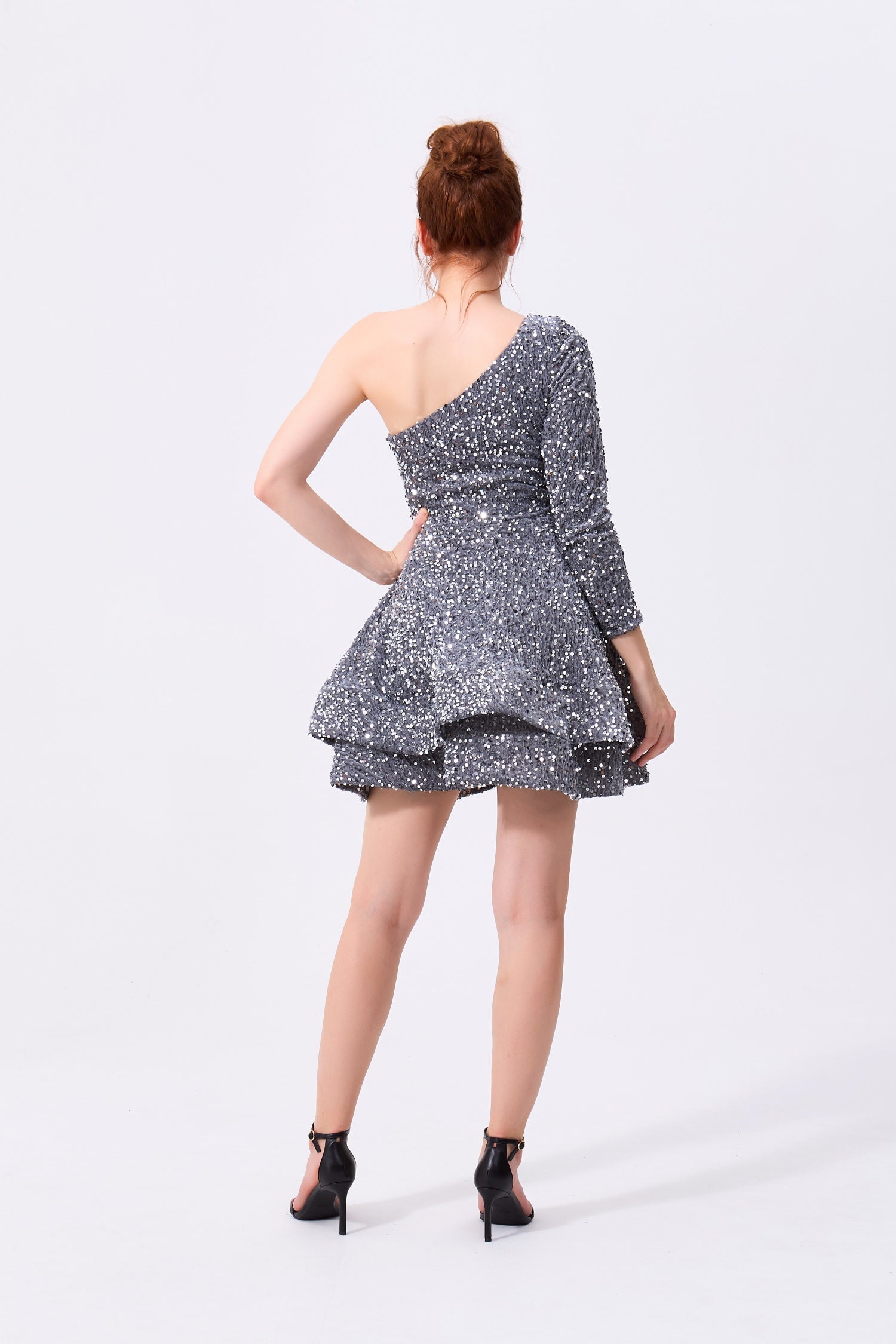 Silver Sequin A-Line One Shoulder Zipper Back Mini Dress Back View - Almudear