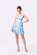 Sky Blue Floral Chiffon A-Line V-Neck Lace-Up Back Mini Dress Front View - Almudear