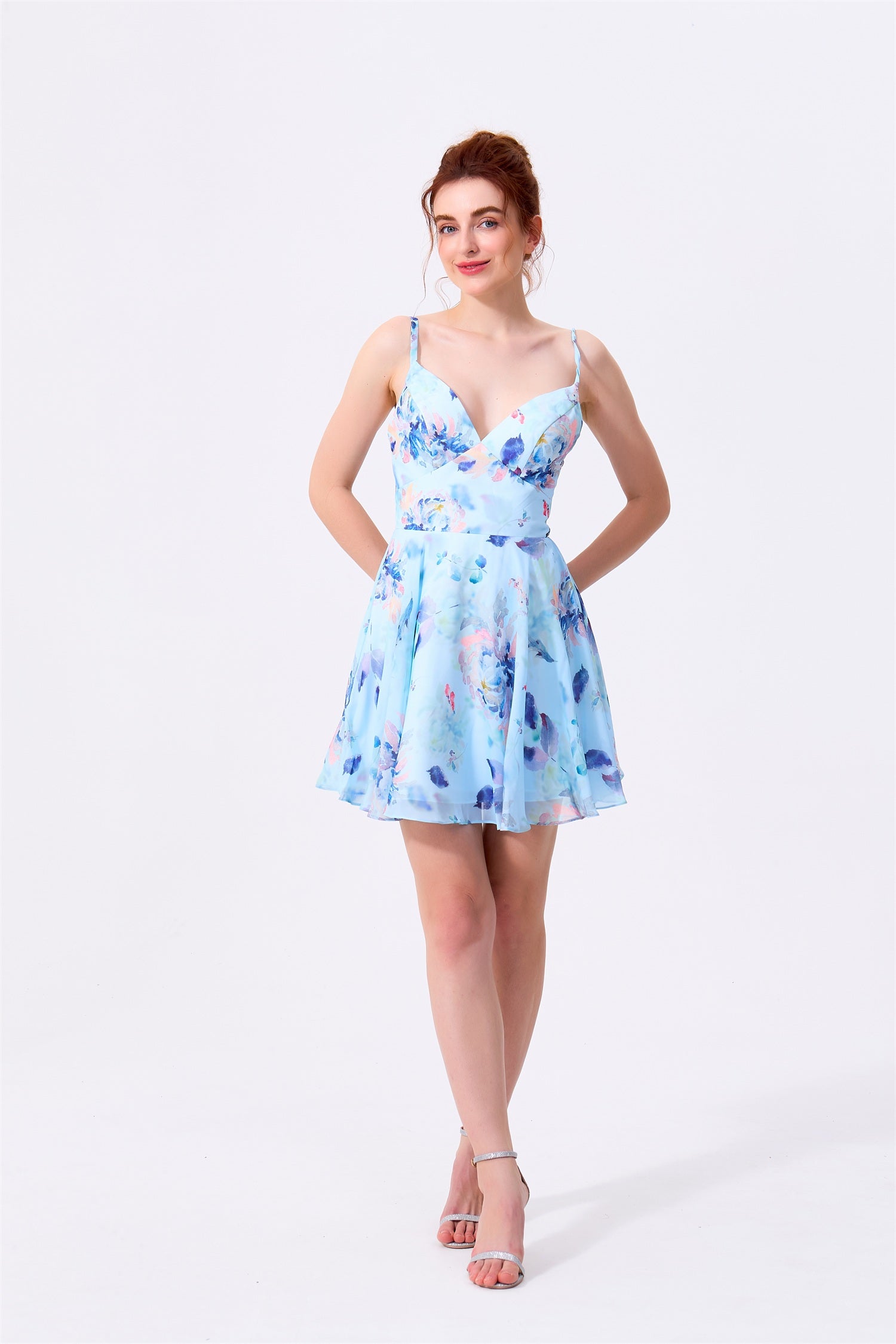Sky Blue Floral Chiffon A-Line V-Neck Lace-Up Back Mini Dress - Almudear