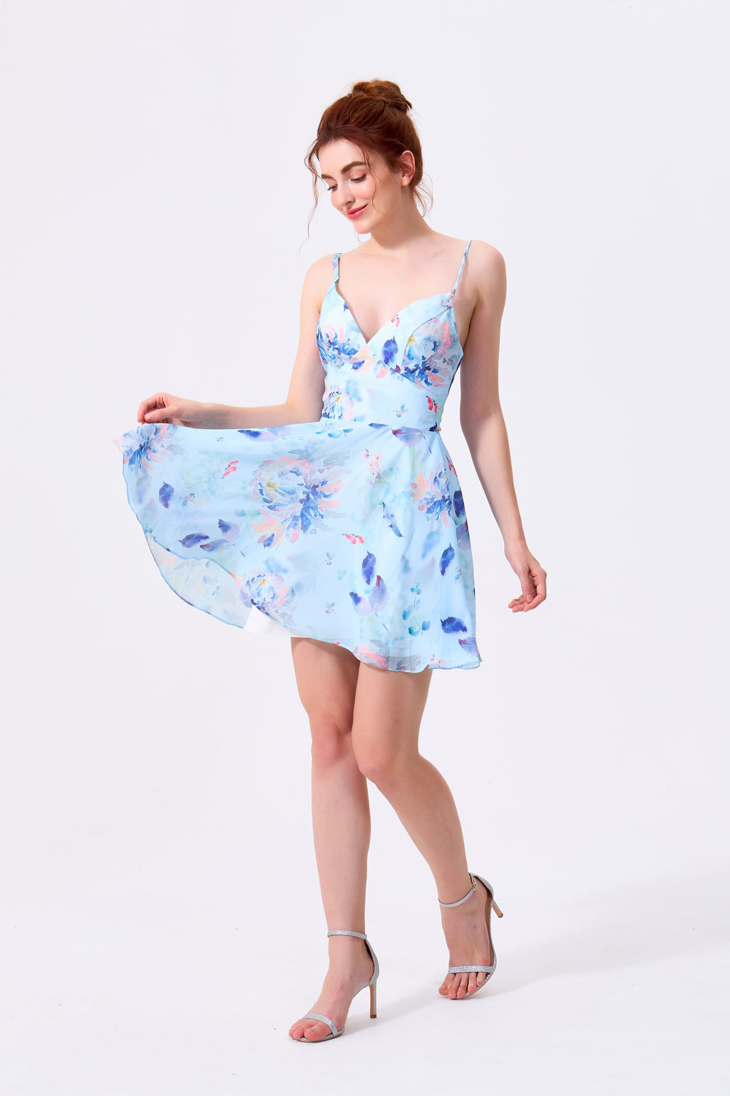 Sky Blue Floral Chiffon A-Line V-Neck Lace-Up Back Mini Dress - Almudear