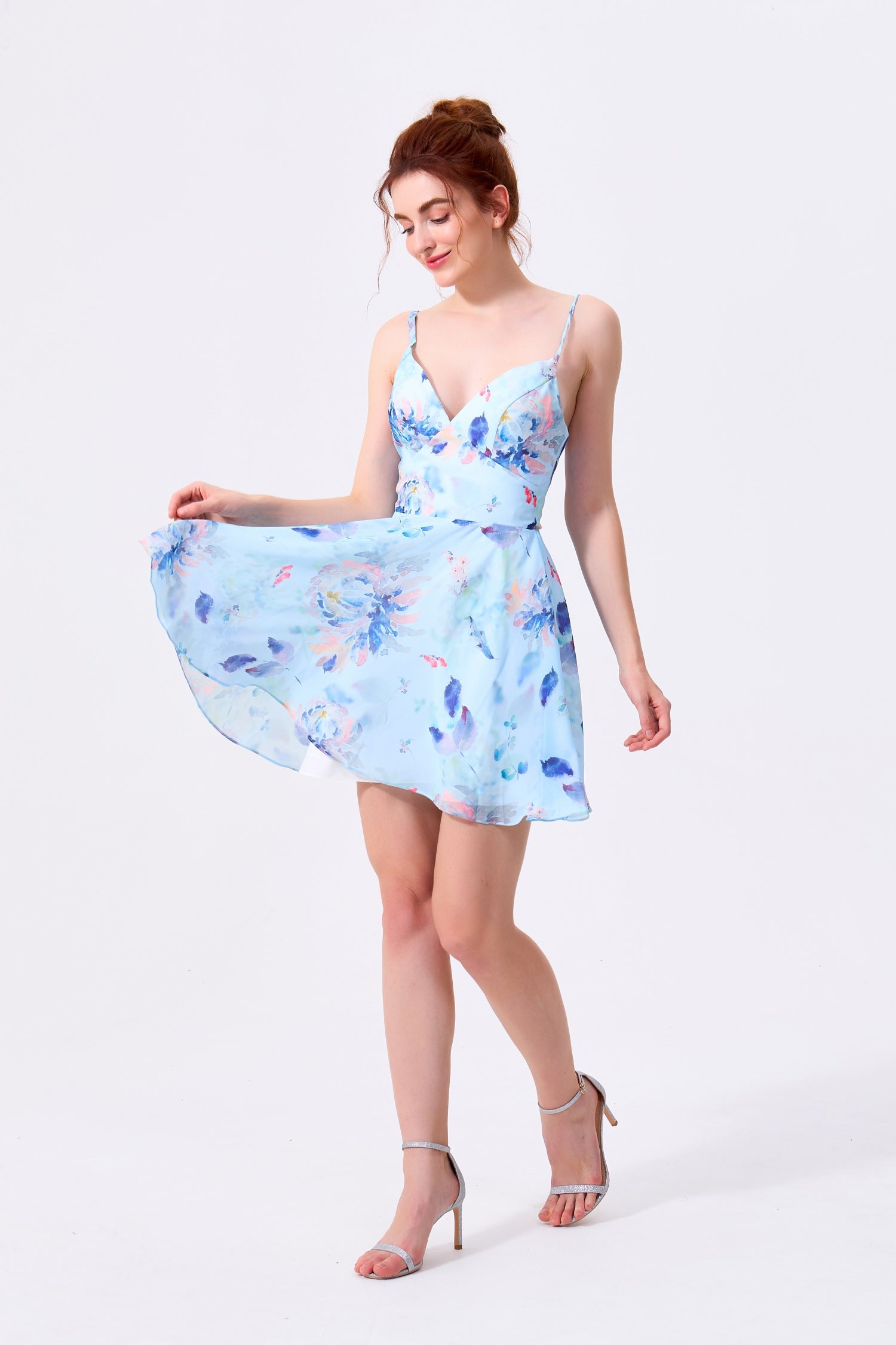 Sky Blue Floral Chiffon A-Line V-Neck Lace-Up Back Mini Dress - Almudear