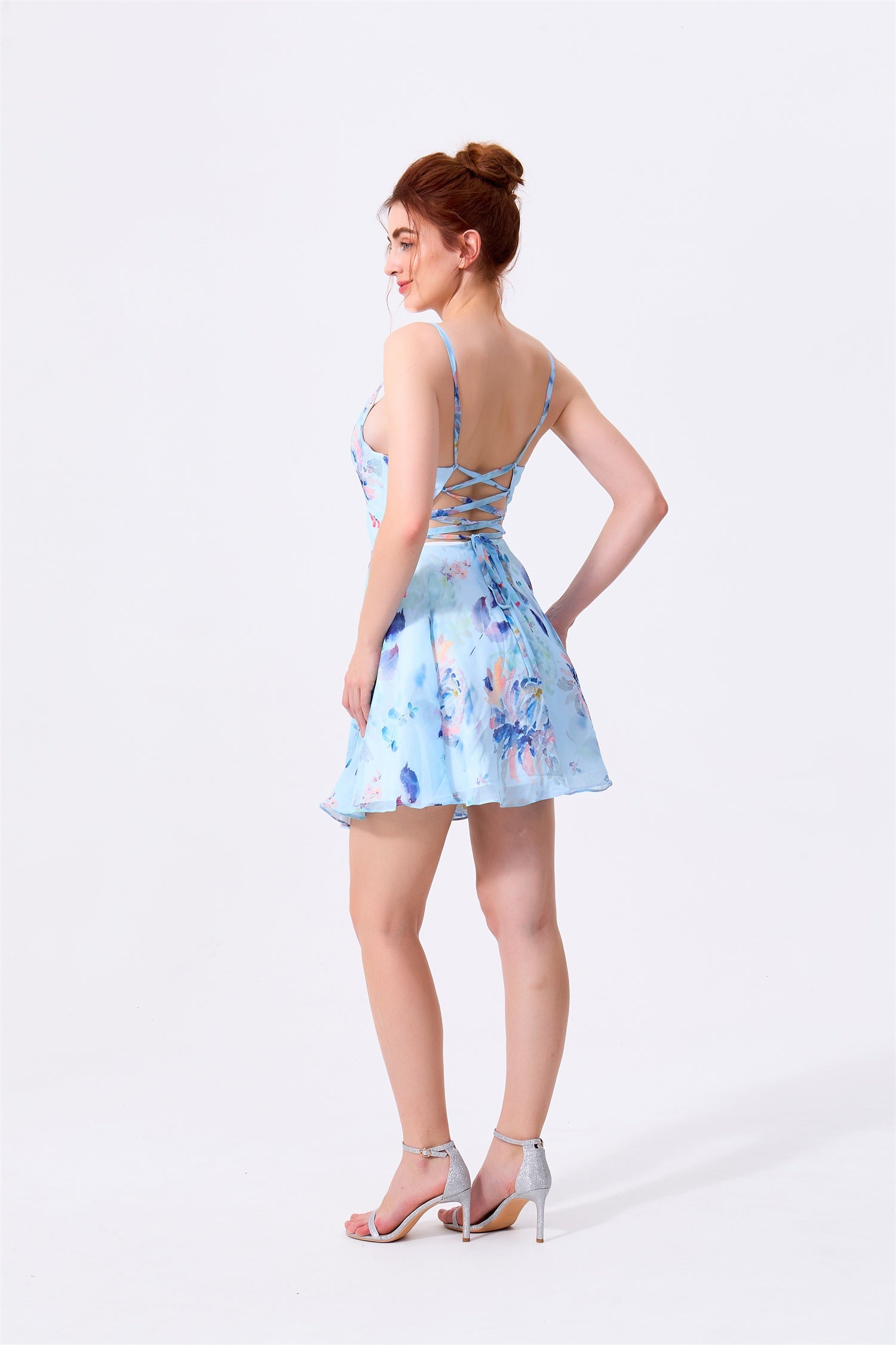 Sky Blue Floral Chiffon A-Line V-Neck Lace-Up Back Mini Dress - Almudear