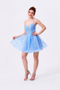 Sky Blue Glitter Tulle A-Line Sweetheart Lace-Up Back Mini Dress Front View - Almudear