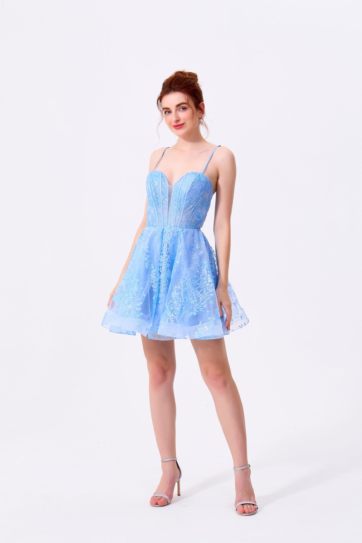 Sky Blue Glitter Tulle A-Line Sweetheart Lace-Up Back Mini Dress - Almudear