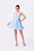 Sky Blue Lace & Tulle A-Line V-Neck Lace-Up Back Above Knee Dress - Almudear