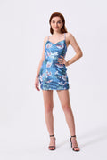 Sky Blue Sequin Bodycon Cowl Neck Lace-Up Back Mini Dress Front View - Almudear
