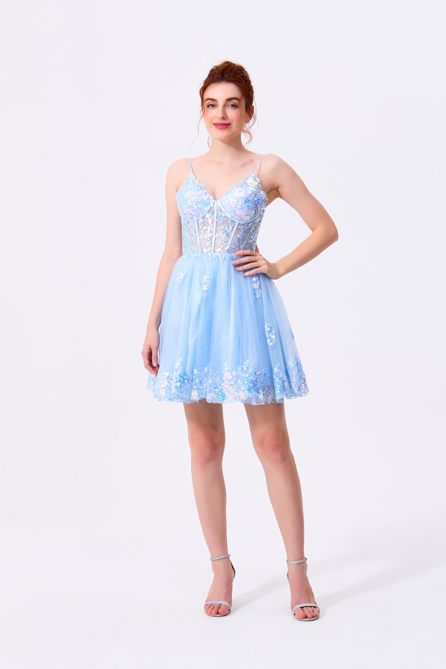 Sky Blue Tulle and Sequins A-Line Sweetheart Low V-Back Mini Dress Front View - Almudear