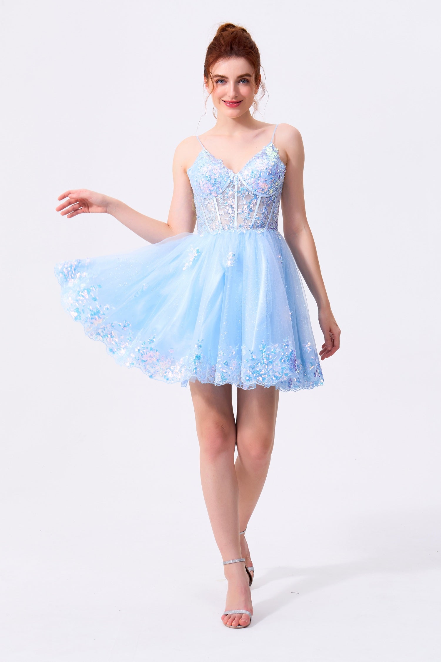 Sky Blue Tulle and Sequins A-Line Sweetheart Low V-Back Mini Dress - Almudear
