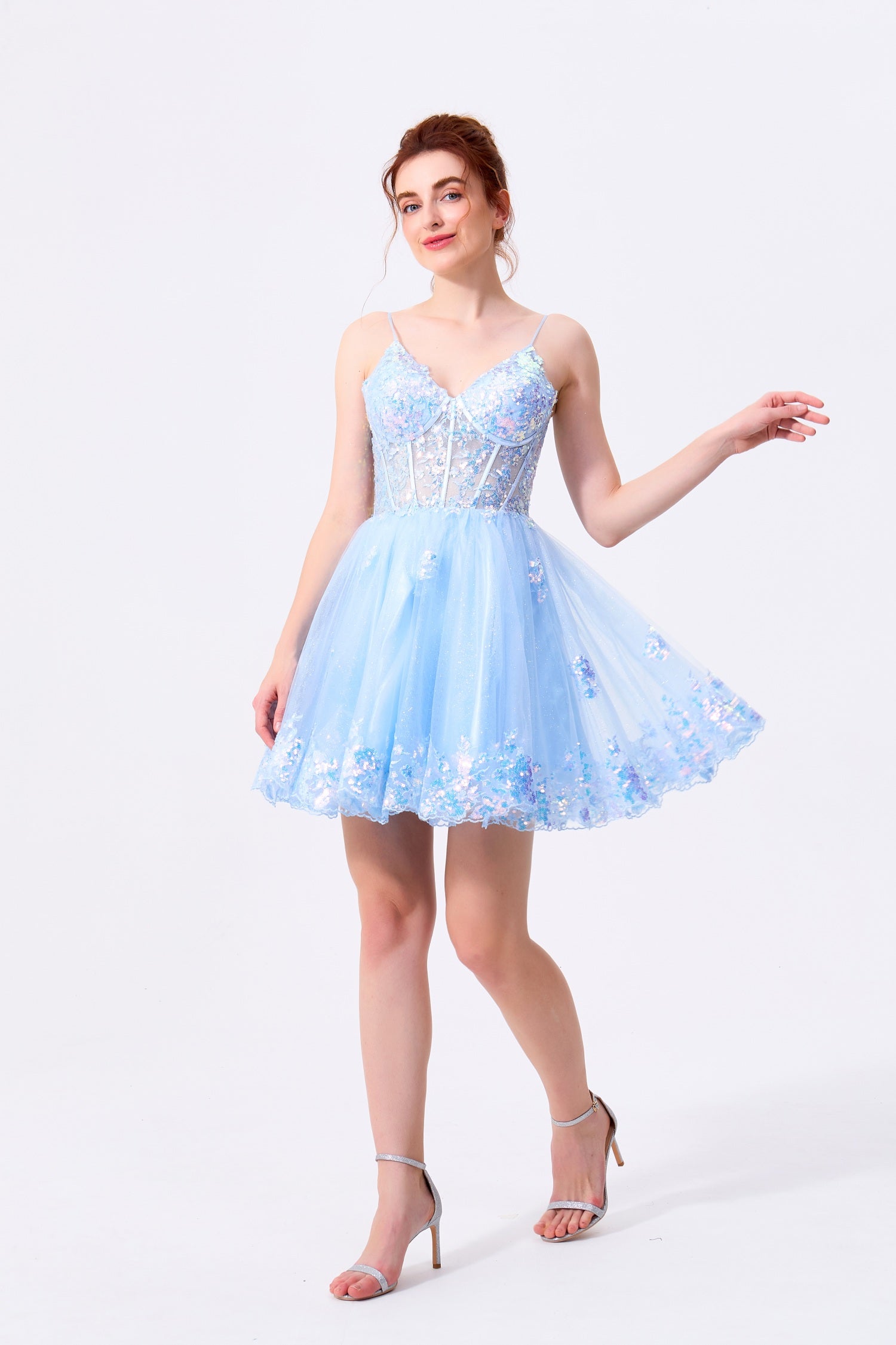 Sky Blue Tulle and Sequins A-Line Sweetheart Low V-Back Mini Dress - Almudear