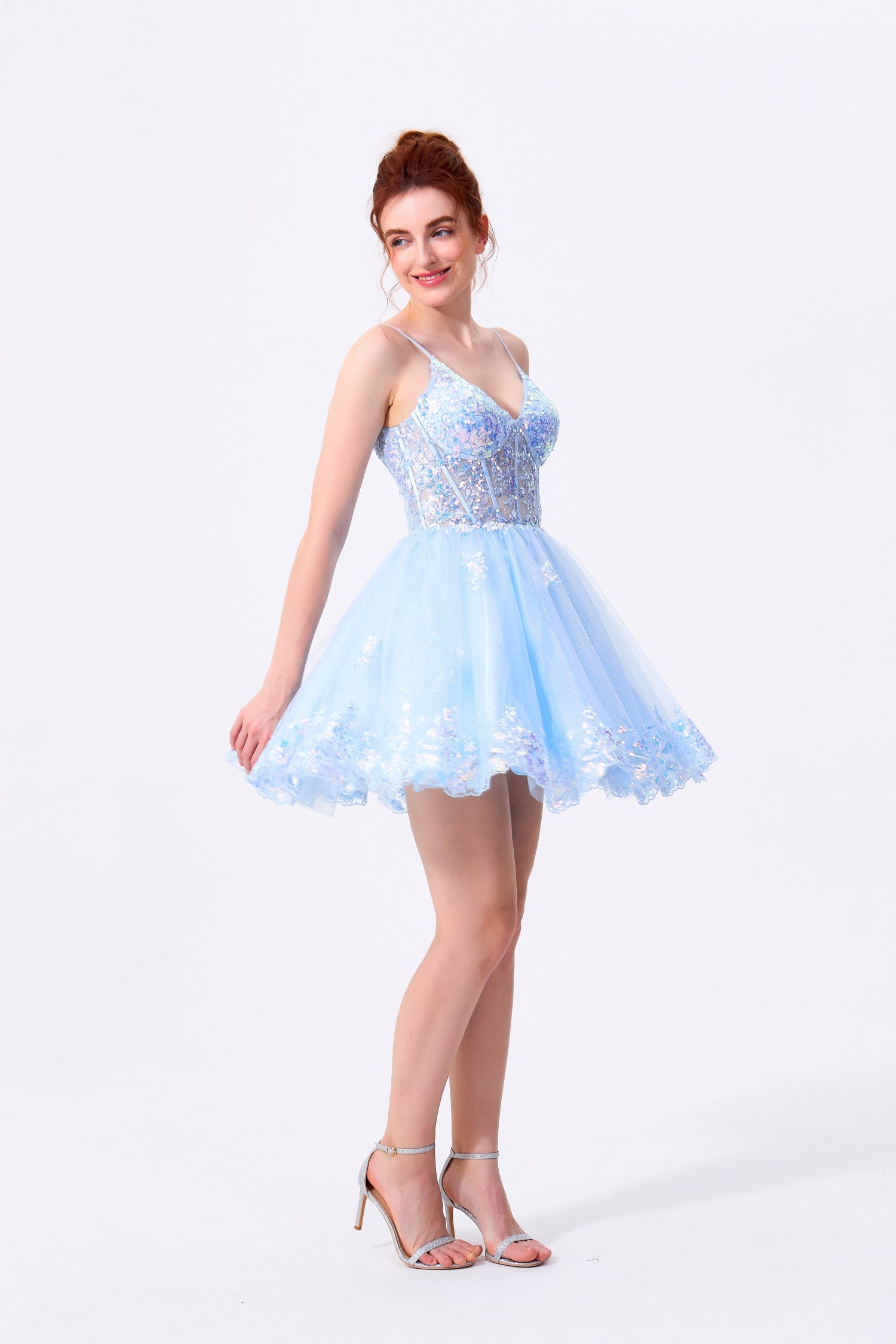 Sky Blue Tulle and Sequins A-Line Sweetheart Low V-Back Mini Dress - Almudear