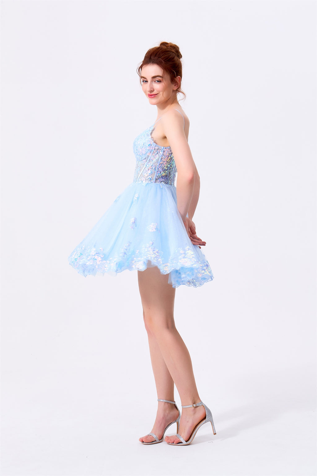 Sky Blue Tulle and Sequins A-Line Sweetheart Low V-Back Mini Dress - Almudear