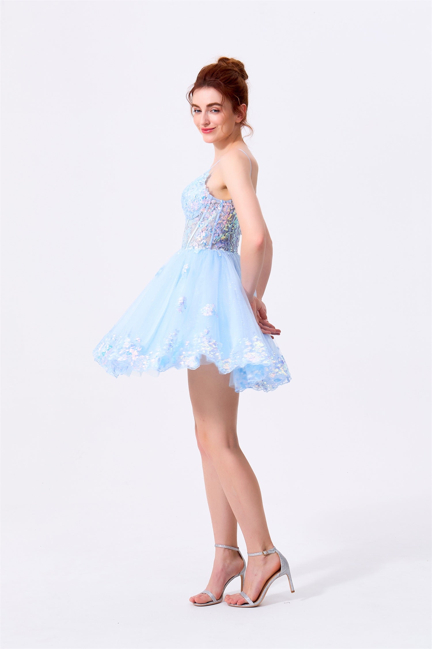 Sky Blue Tulle and Sequins A-Line Sweetheart Low V-Back Mini Dress - Almudear