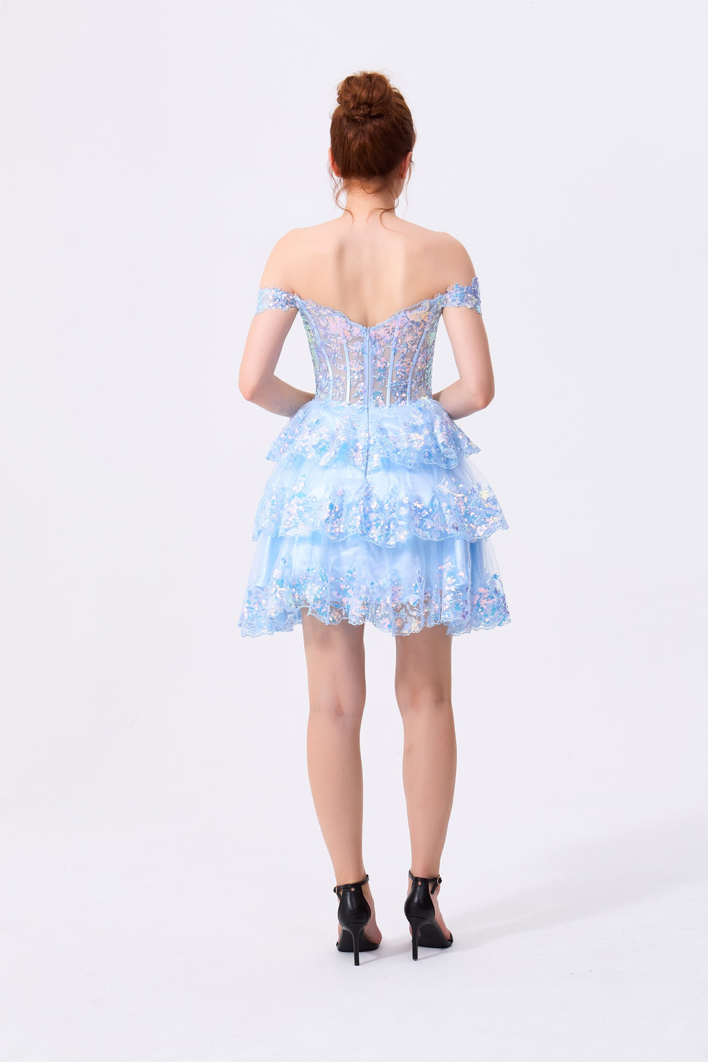 Sky Blue Tulle & Sequin Lace A-Line Sweetheart Zipper Back Mini Dress Back View - Almudear