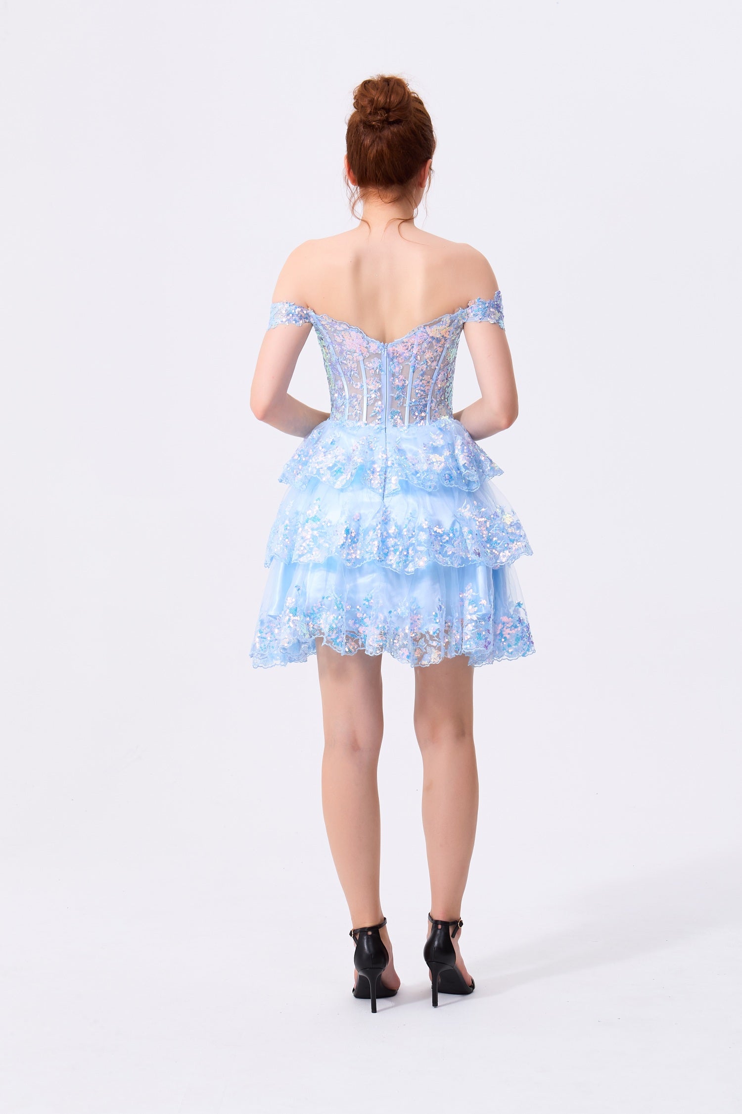 Sky Blue Tulle & Sequin Lace A-Line Sweetheart Zipper Back Mini Dress Back View - Almudear